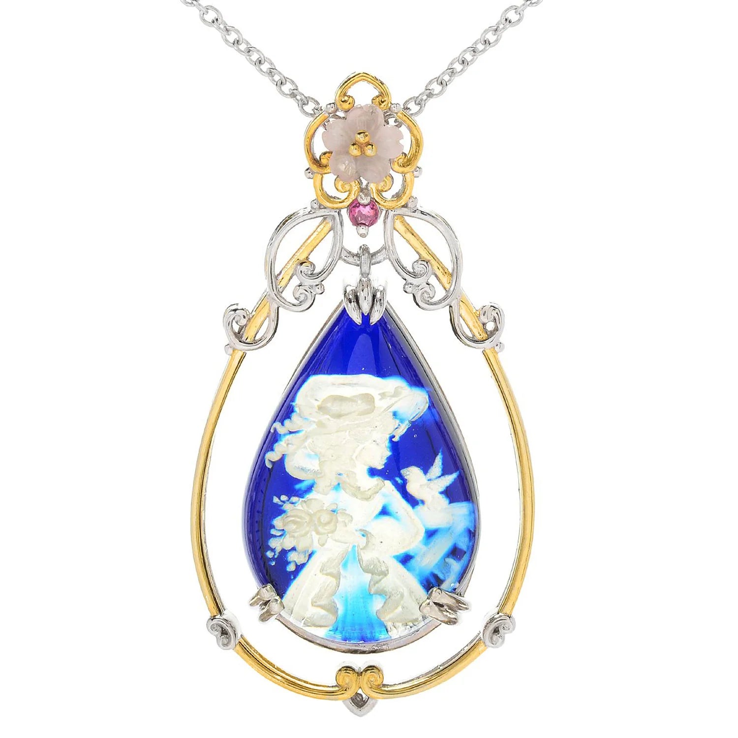 Gems en Vogue Carved Amber Intaglio & Choice Of Gemstone Lady & Flower Pendant