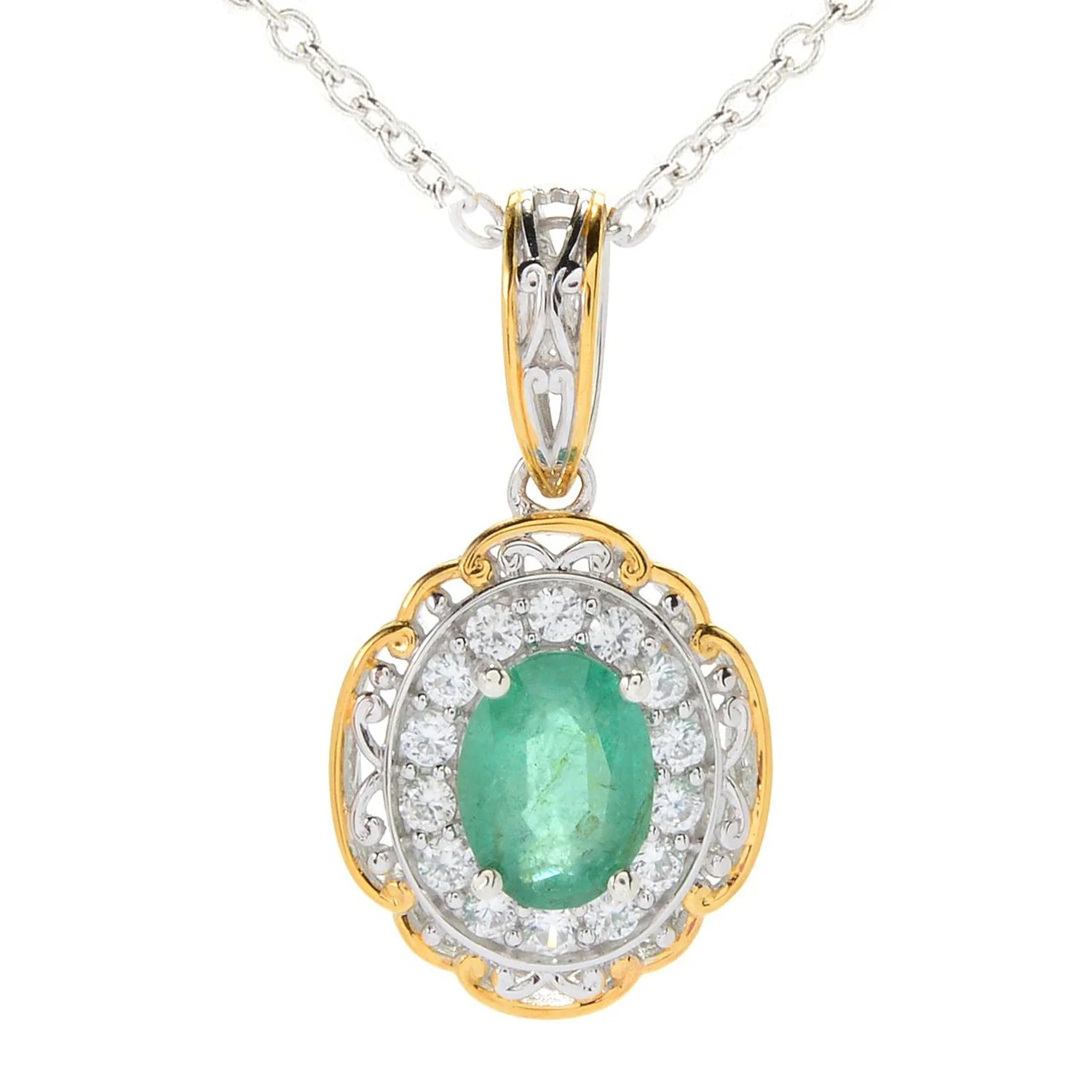 Gems en Vogue 1.58ctw Grizzly Emerald & White Zircon Halo Pendant