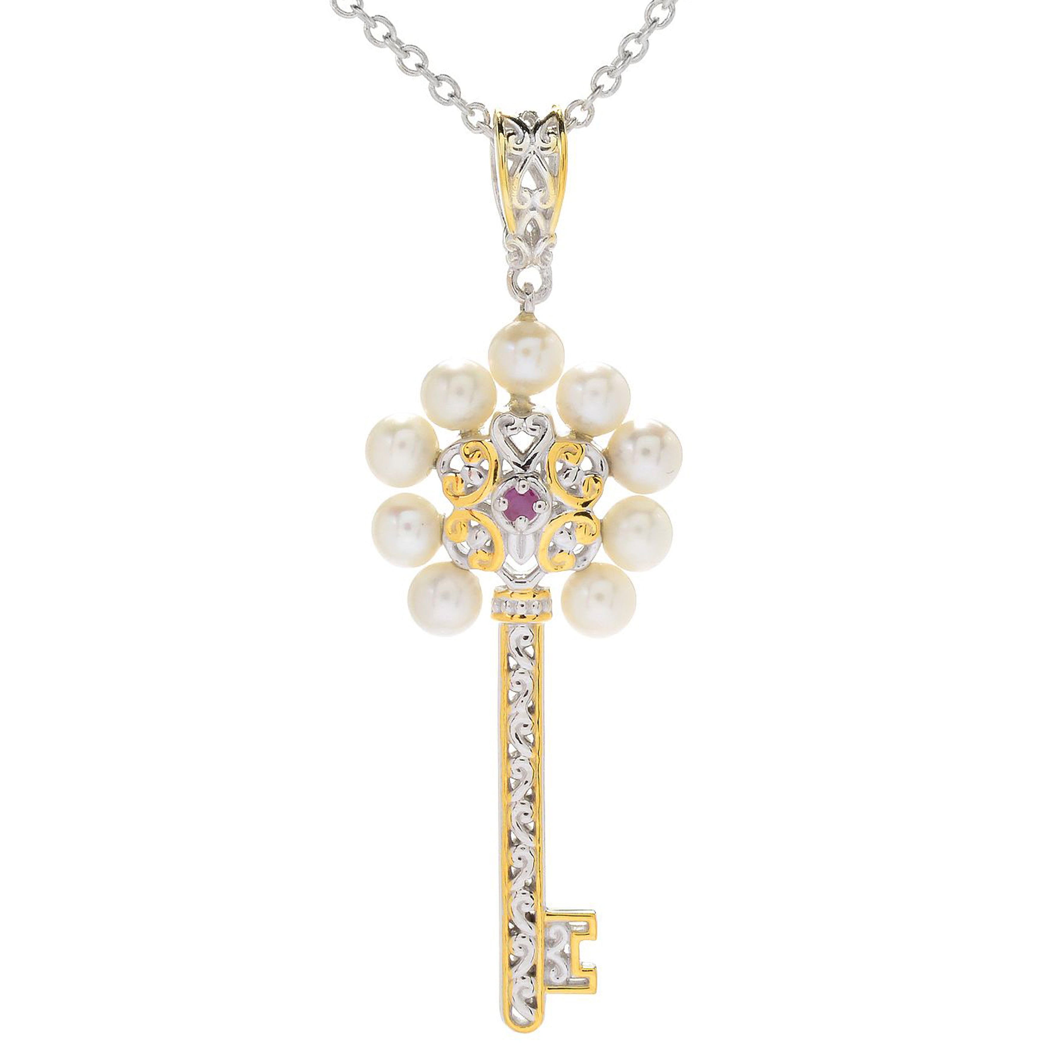 Gems en Vogue White Pearl & Ruby Key Pendant