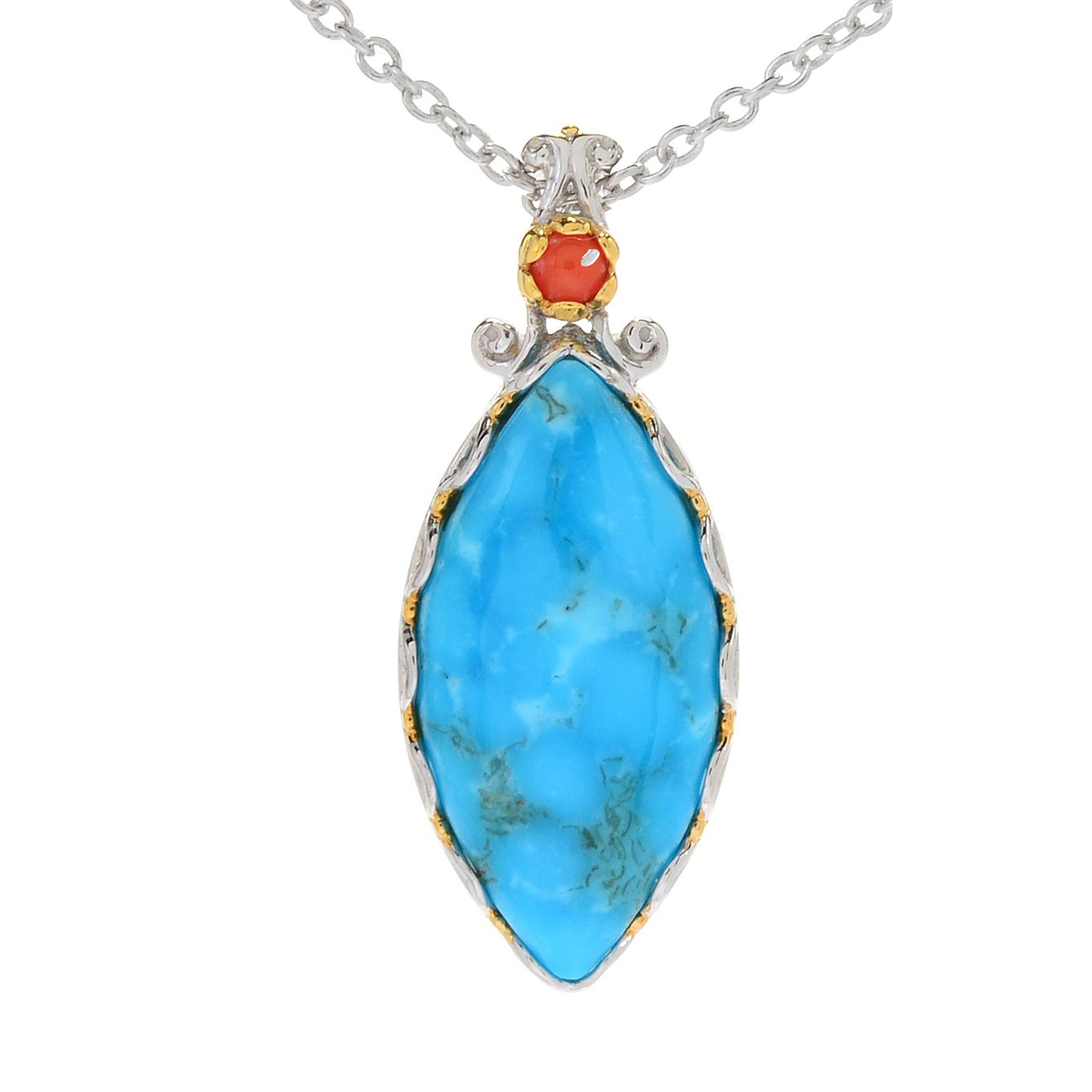 Gems en Vogue Kaolin Turquoise & Red Coral Marquise Pendant