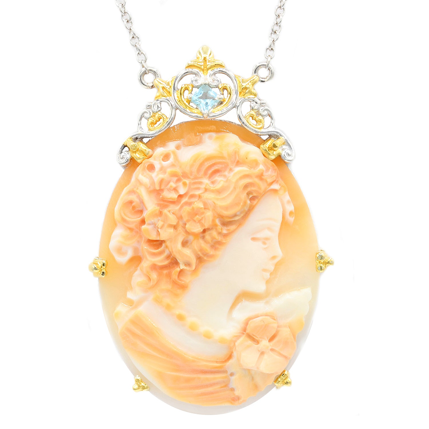 Gems en Vogue Carved Cameo & Sky Blue Topaz Lady & Flower Pendant
