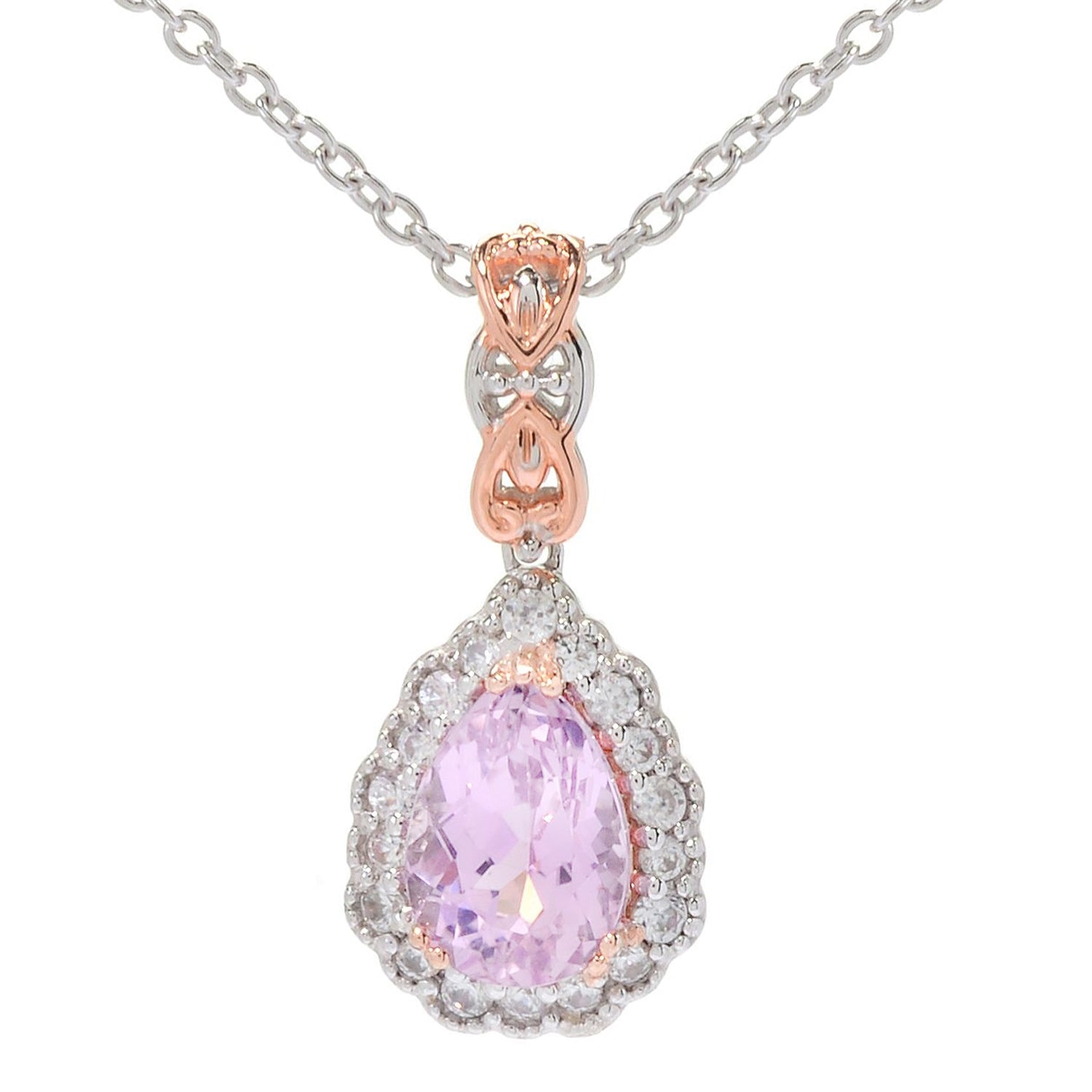 Gems en Vogue 3.18ctw Pearshaped Kunzite & White Zircon Halo Pendant