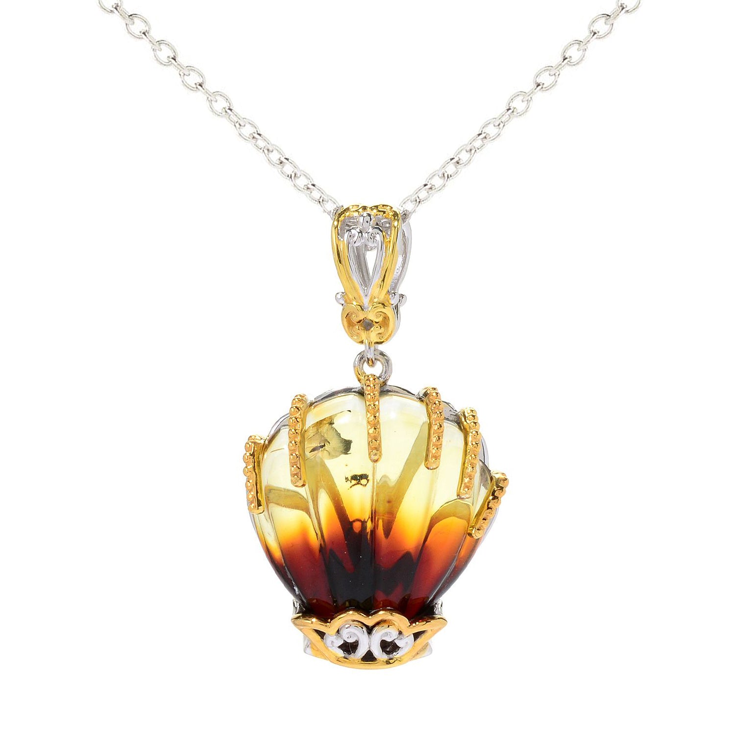 Gems en Vogue Carved Bi-Color Amber Clam Shell Pendant