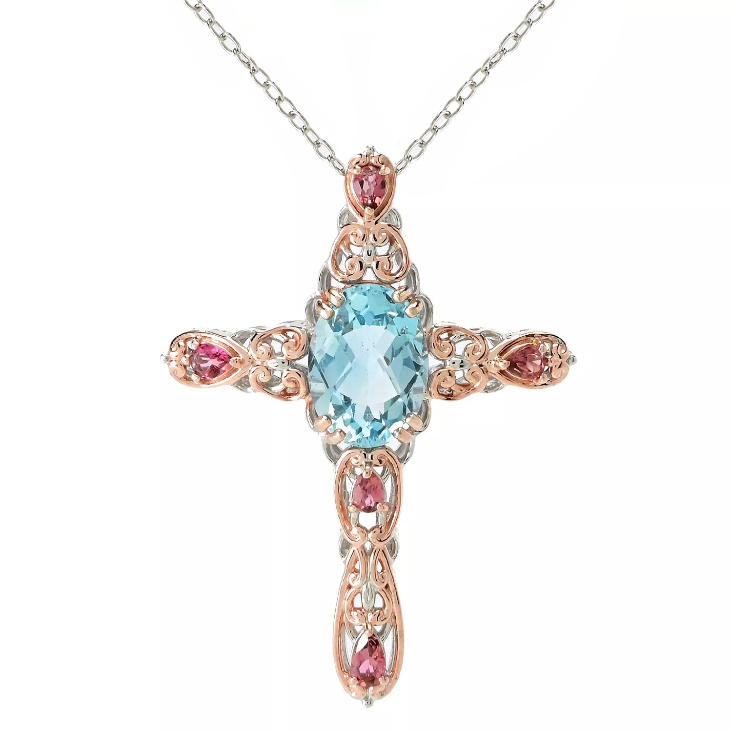 Gems en Vogue 8.55ctw Blue Topaz & Pink Tourmaline Cross Pendant
