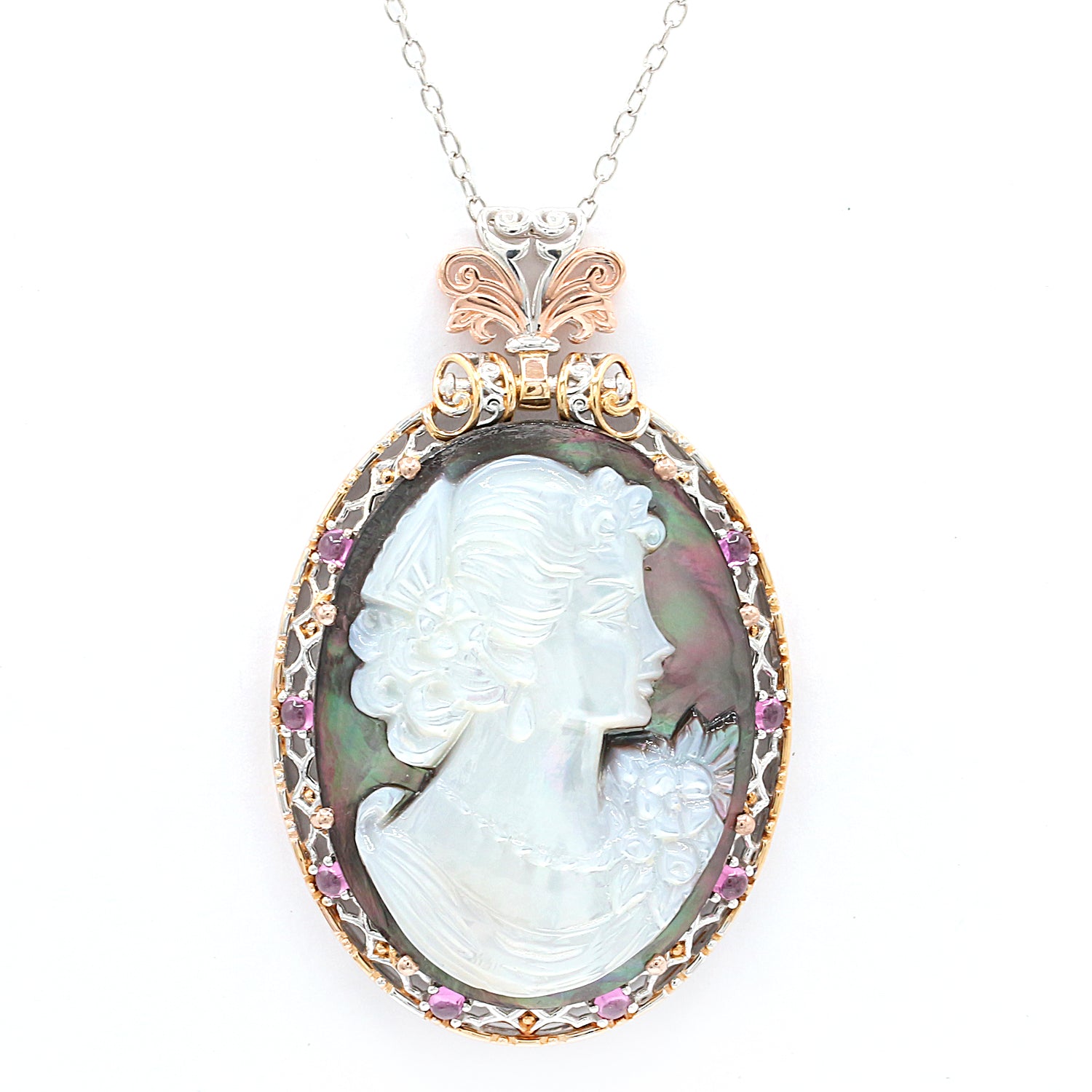 Gems en Vogue Carved Tahitian Shell Cameo & Rhodolite Garnet Lady Pendant