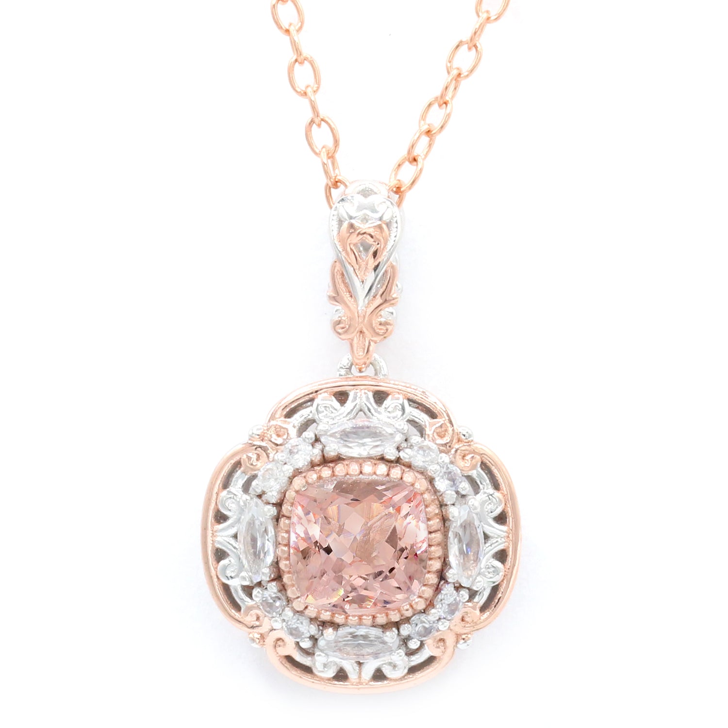 Gems en Vogue 18K Palladium Silver 1.95ctw Morganite & White Zircon Halo Pendant