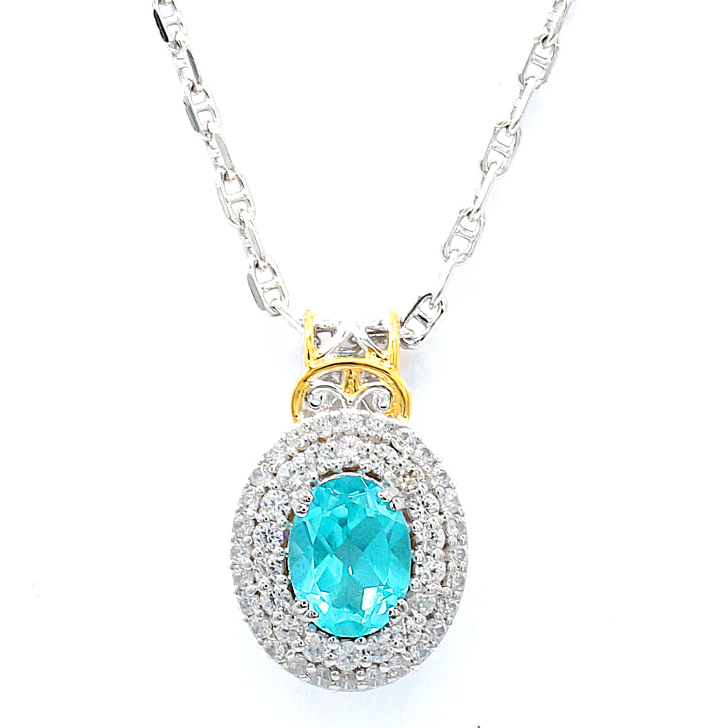 Gems en Vogue 2.00ctw Paraiba Topaz & White Zircon Double Halo Pendant