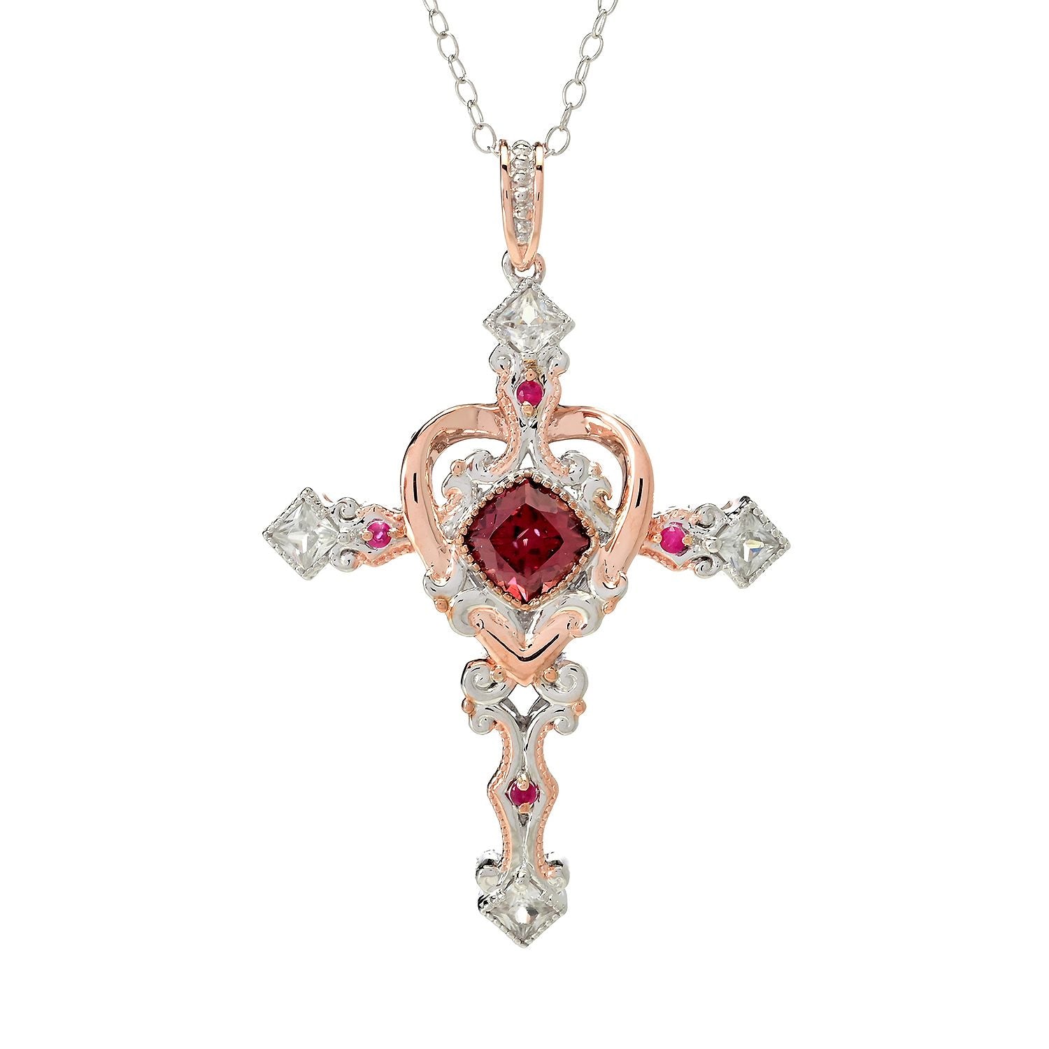 Gems en Vogue 2.12ctw Rose Zircon, Ruby & White Zircon Cross & Heart Pendant