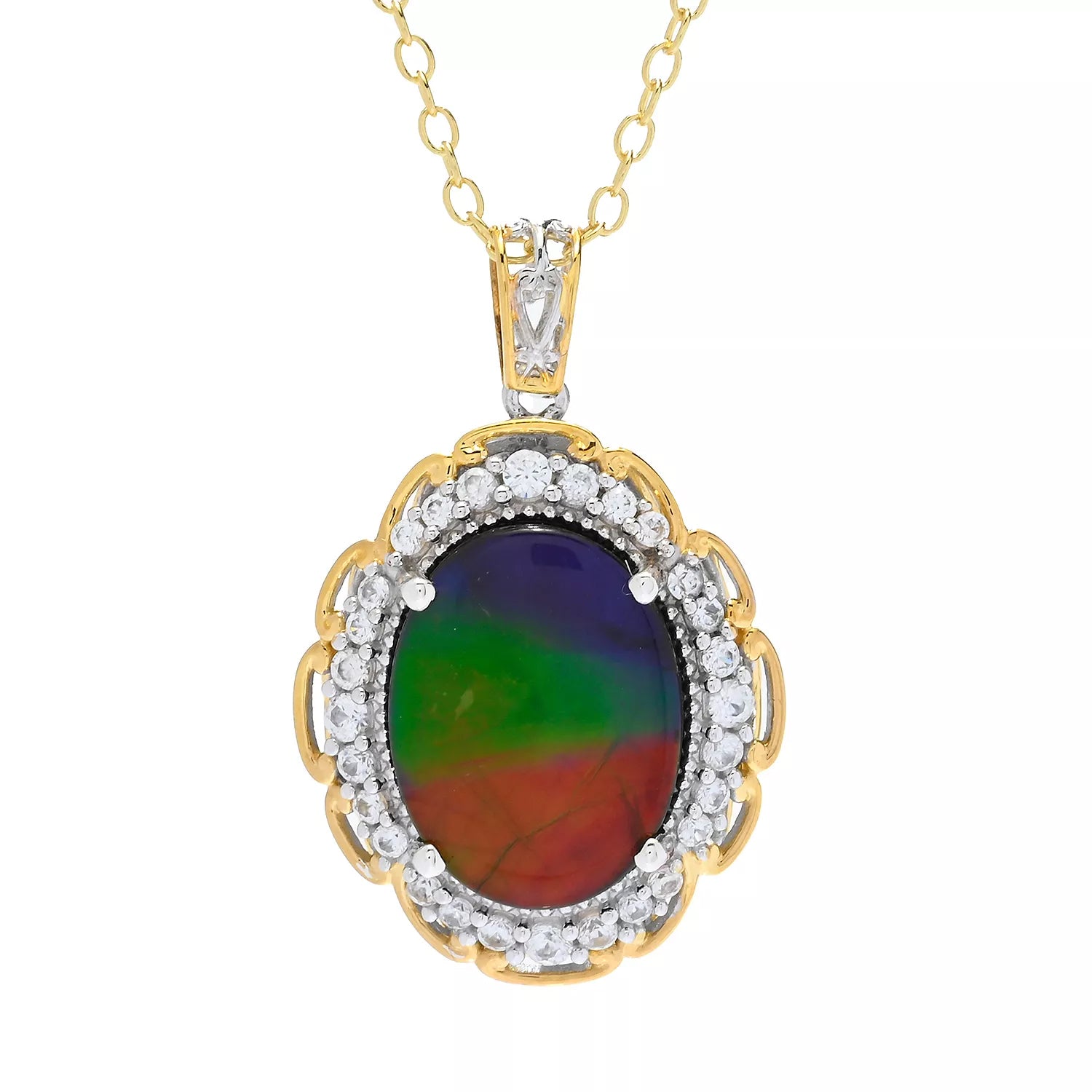 Gems en Vogue Oval Ammolite & White Zircon Halo Pendant