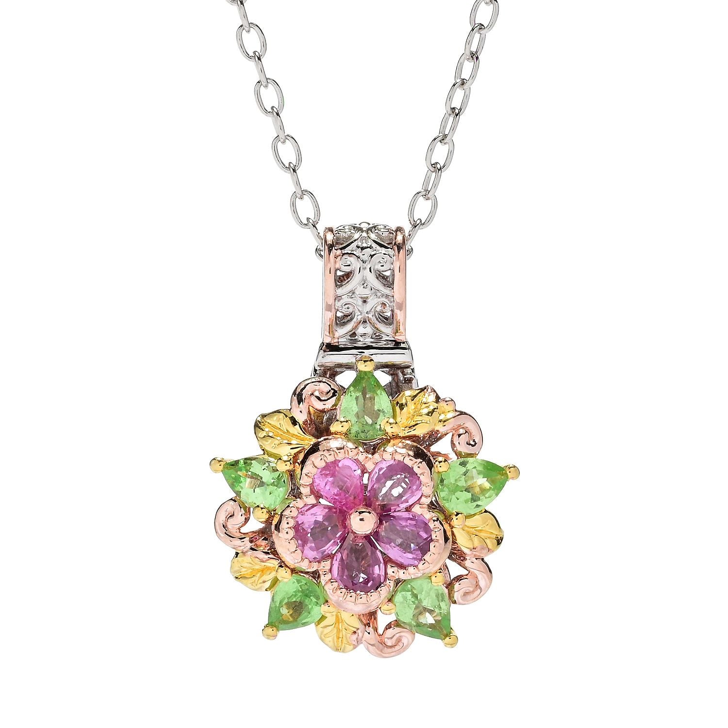 Gems en Vogue 1.43ctw Pink Sapphire & Mint Tsavorite Flower Pendant