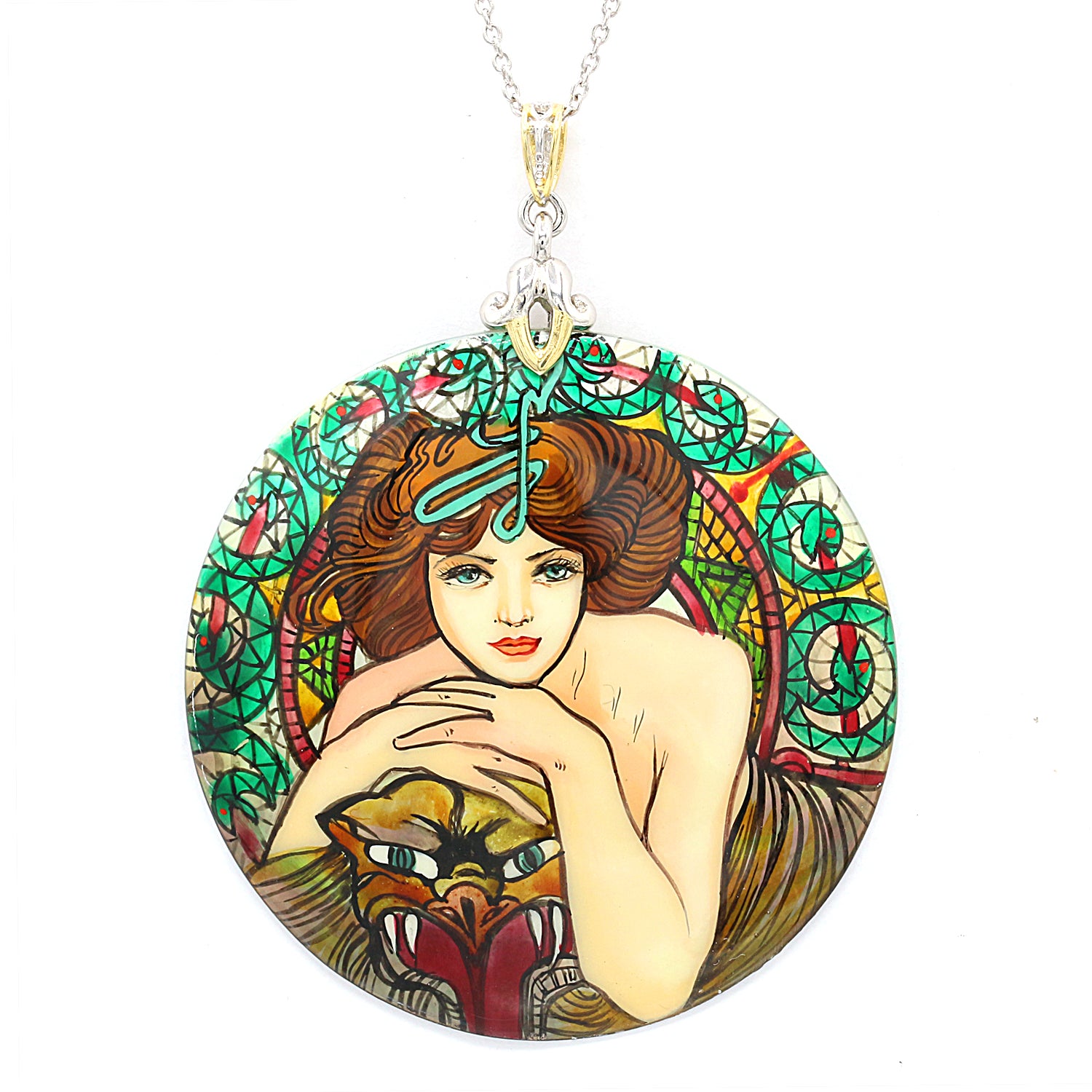 Gems en Vogue Hand Painted Shell Lady with Snake Pendant