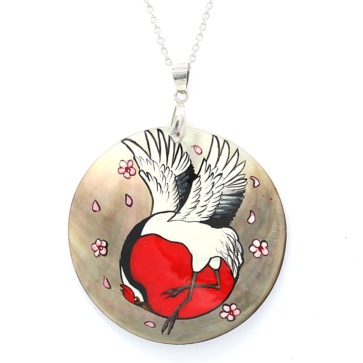 Gems en Vogue Hand Painted Shell Red Crown Crane with Cherry Blossom Flower Pendant