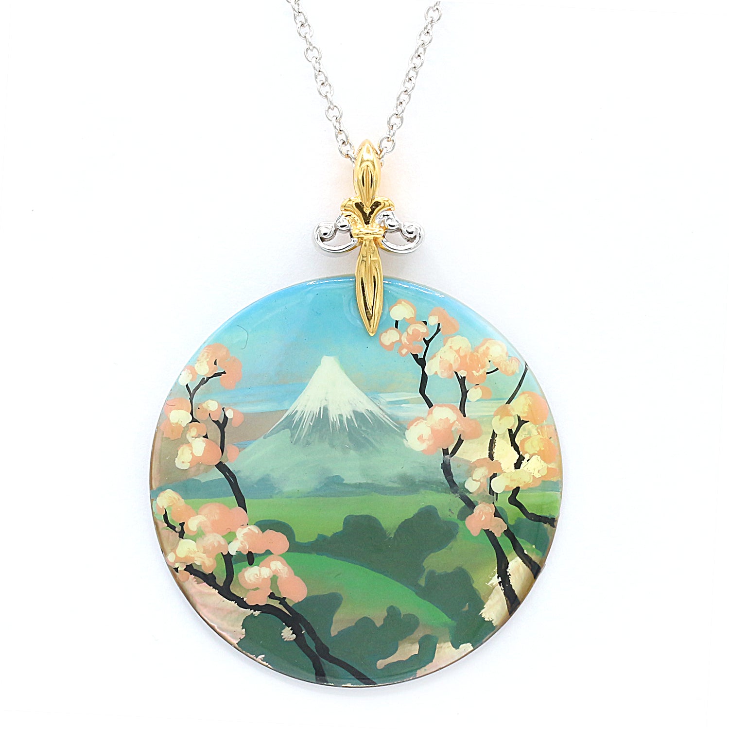 Gems en Vogue Hand Painted Shell Mount Fuji Cherry Blossom Pendant