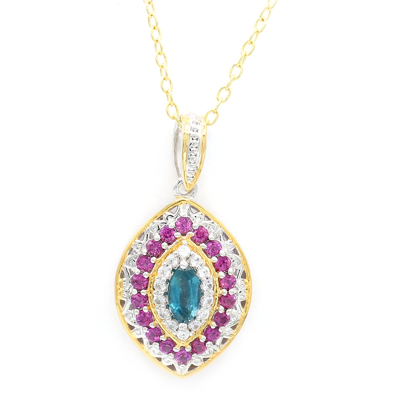 Gems en Vogue One-of-a-Kind 2.09ctw Teal Kyanite, Rhodolite Garnet & White Zircon Marquise Pendant