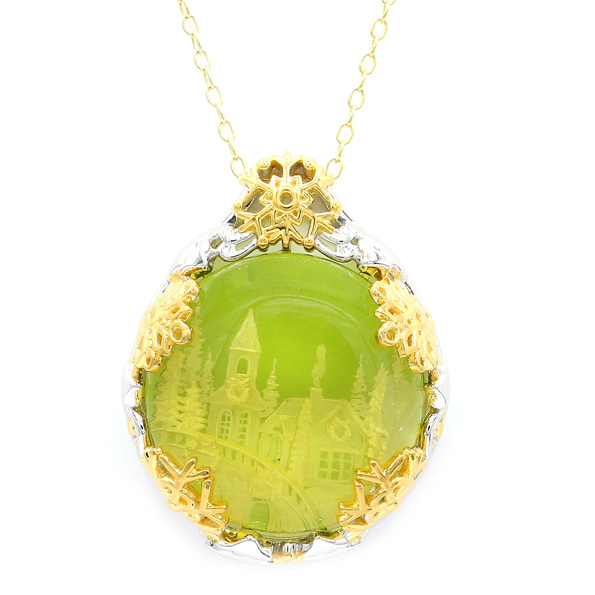 Gems en Vogue 24K Palladium Silver Carved Green Amber Christmas Pendant