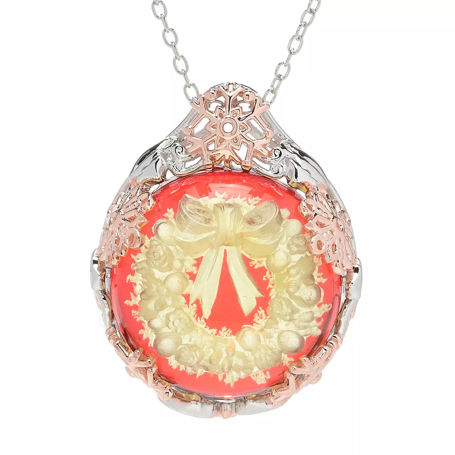 Gems en Vogue Carved Red Amber Christmas Wreath Pendant