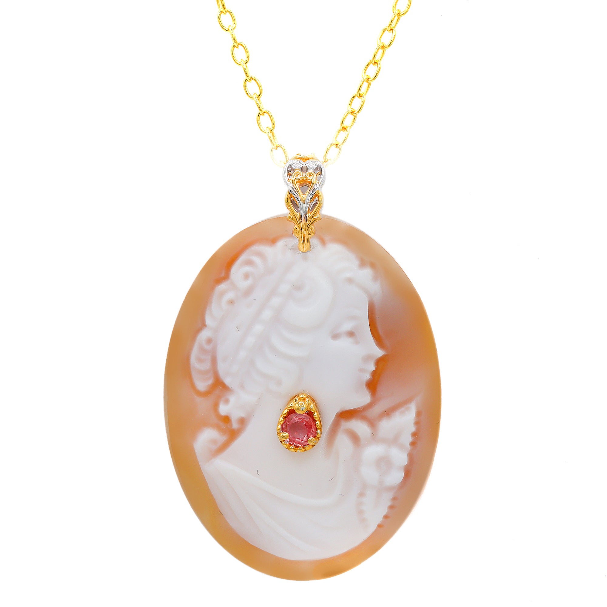 Gems en Vogue 24K Palladium Silver Carved Cameo & Lotus Pink Sapphire Lady Portrait Pendant