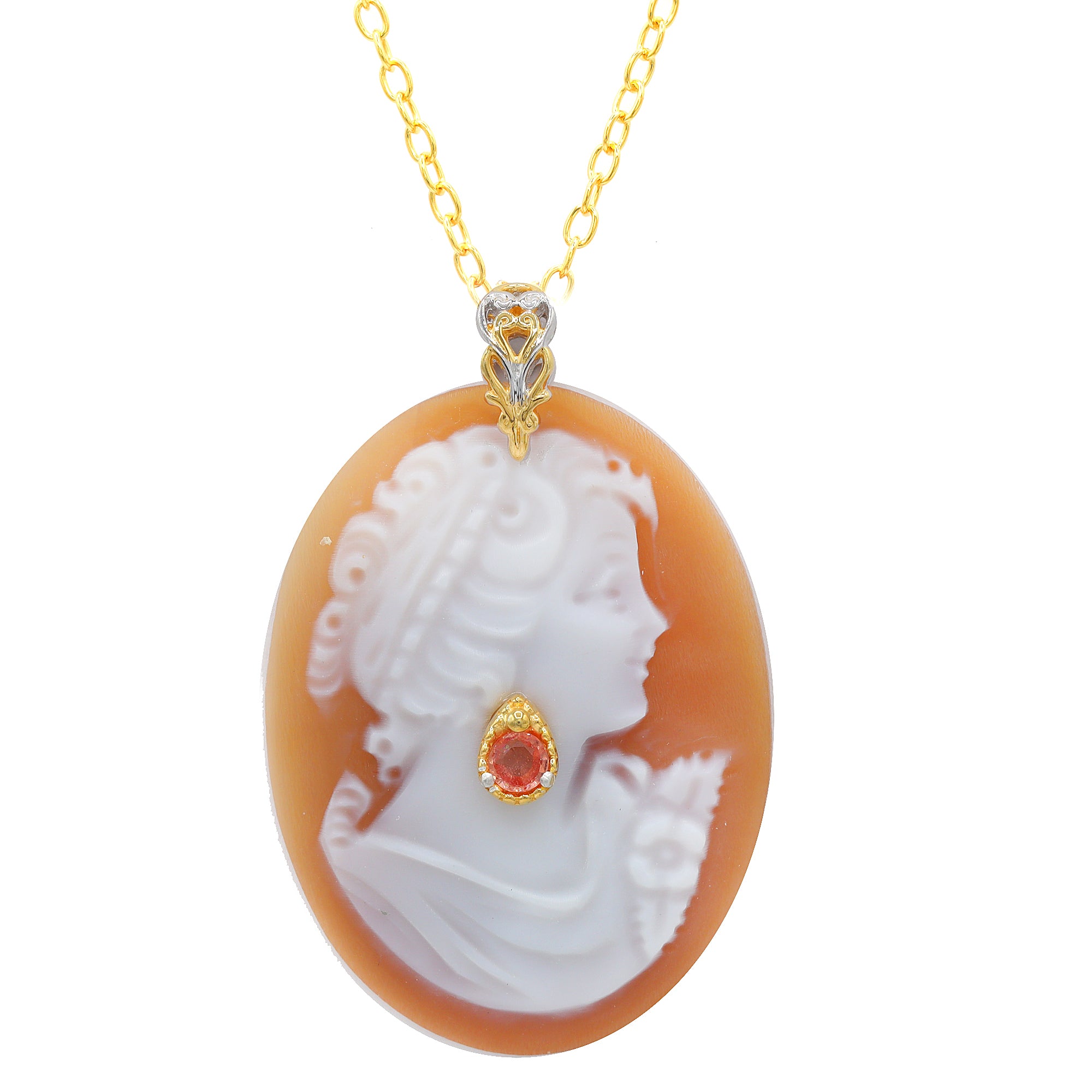 Gems en Vogue 24K Palladium Silver Carved Cameo & Padparadscha Sapphire Lady Portrait Pendant