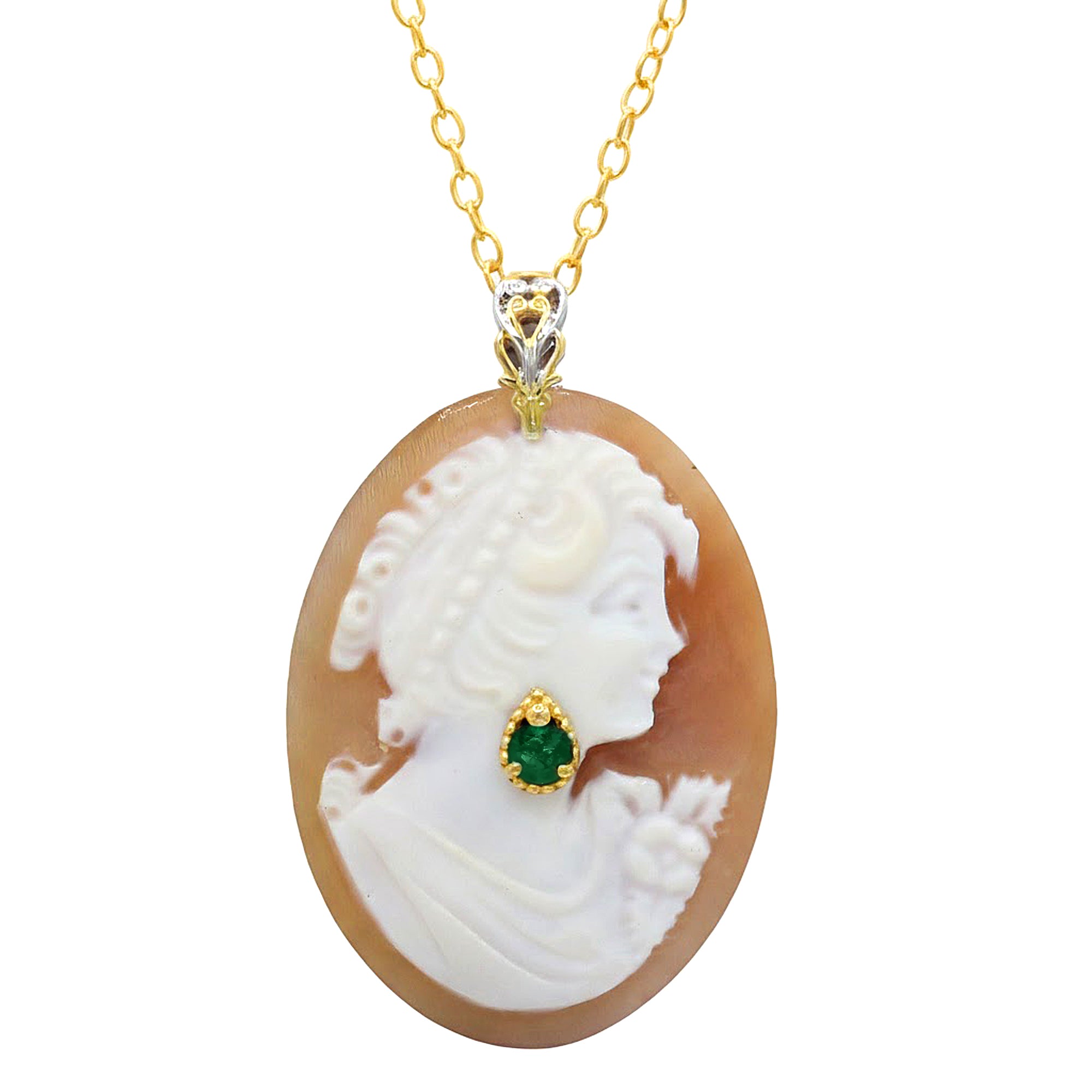 Gems en Vogue 24K Palladium Silver Carved Cameo & Grizzly Emerald Lady Portrait Pendant