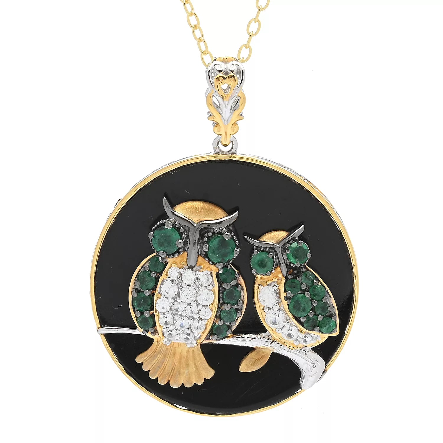 Gems en Vogue 1.74ctw Grizzly Emerald, Black Onyx & White Zircon Owl Pendant