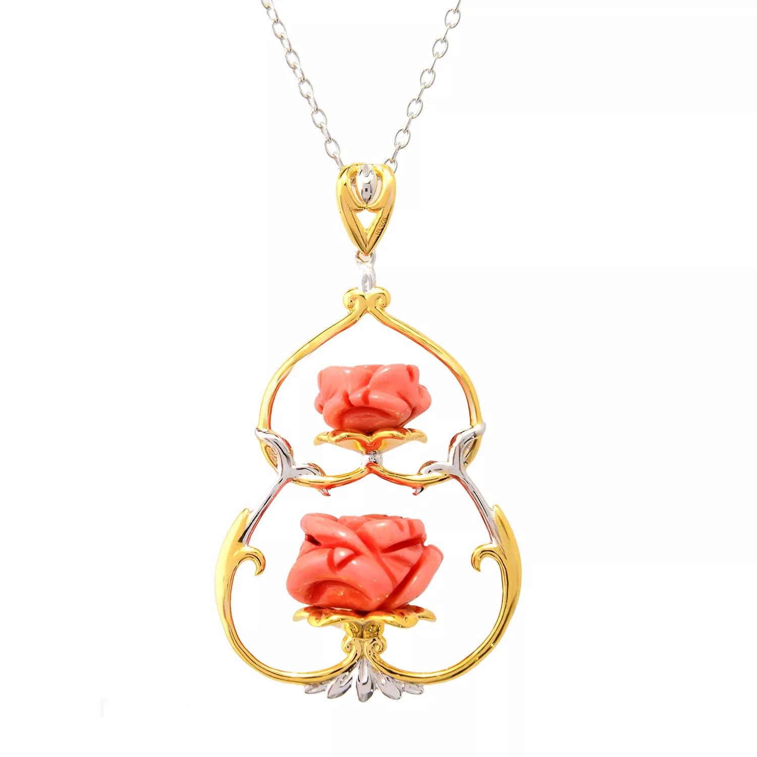 Gems en Vogue Salmon Coral Carved Flower Pendant