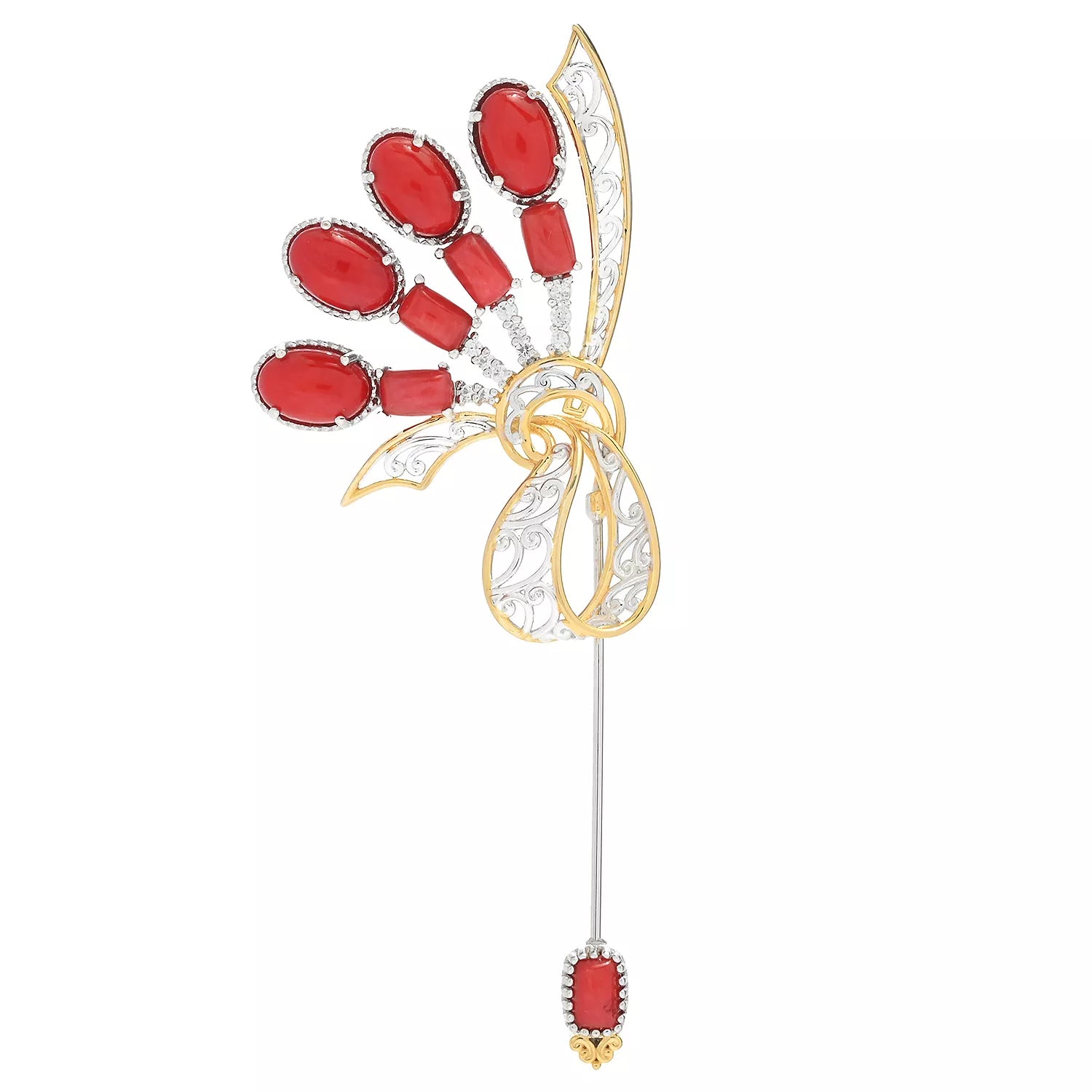 Gems en Vogue Red Coral & White Zircon Pin/Brooch