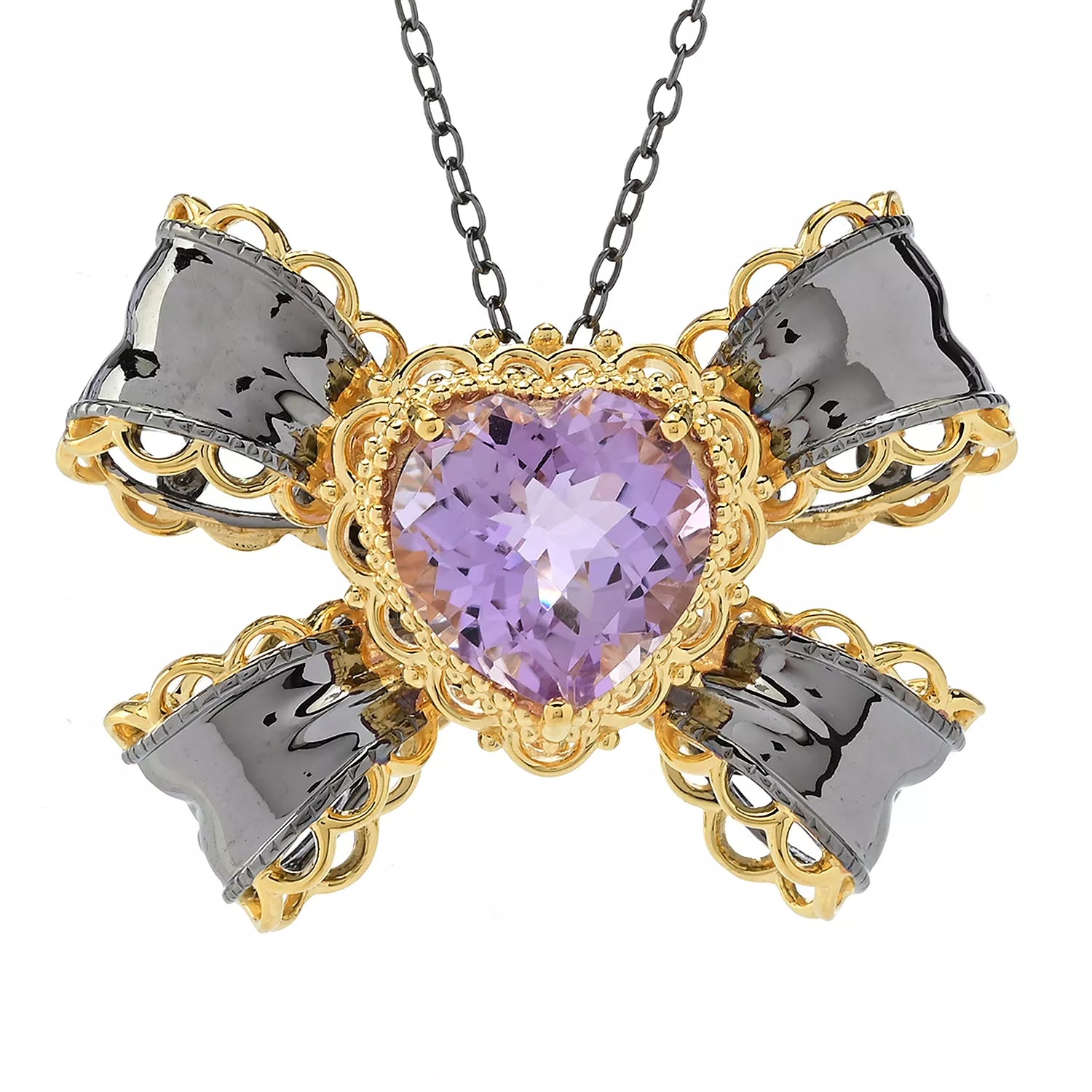 Gems en Vogue 9.30ctw Heart Shape Pink Amethyst Ribbon Brooch/Pendant