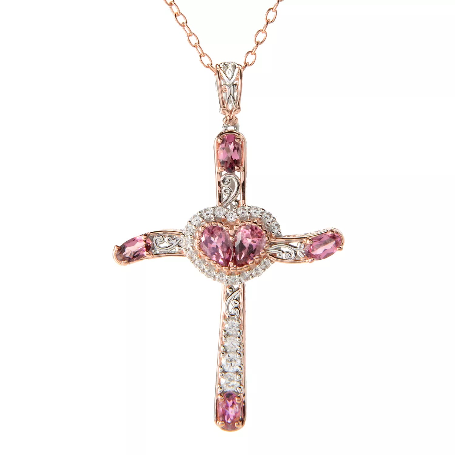 Gems en Vogue 2.17ctw Pink Tourmaline & White Zircon Heart Cross Pendant