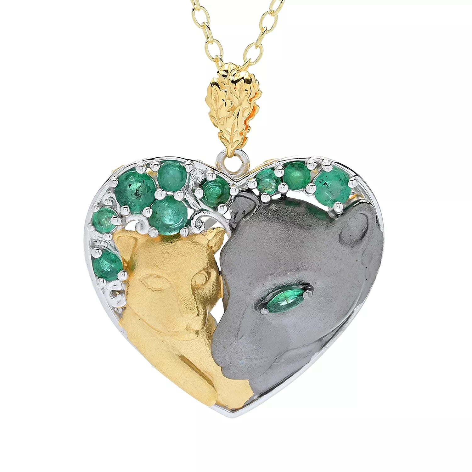 Gems en Vogue 0.90ctw Grizzly Emerald Panther & Cub Heart Pendant