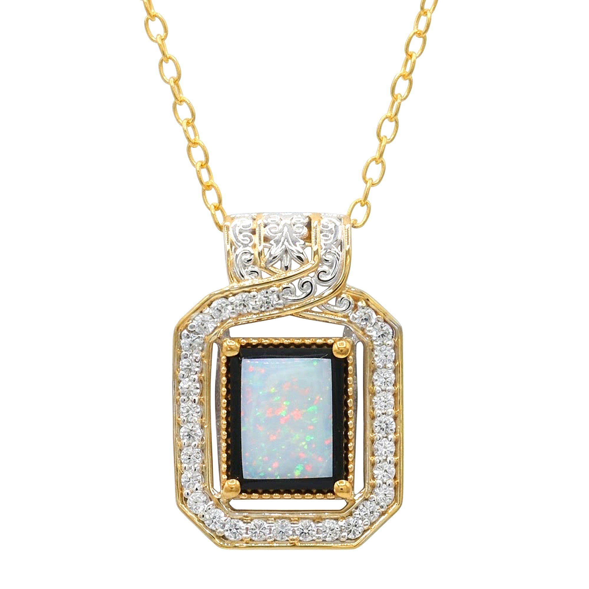 Gems en Vogue 24K Palladium Silver Opal with Black Onyx Inlay & White Zircon Pendant