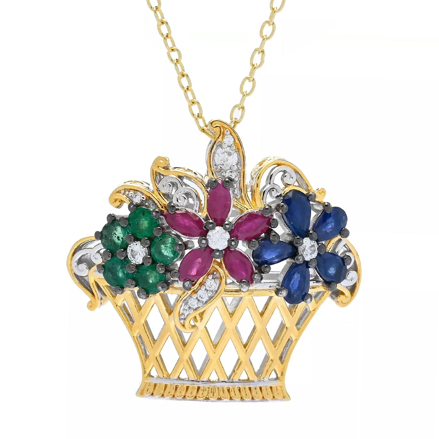 Gems en Vogue 3.57ctw Ruby, Blue Sapphire, Grizzly Emerald & White Zircon Flower Basket Pin/Pendant