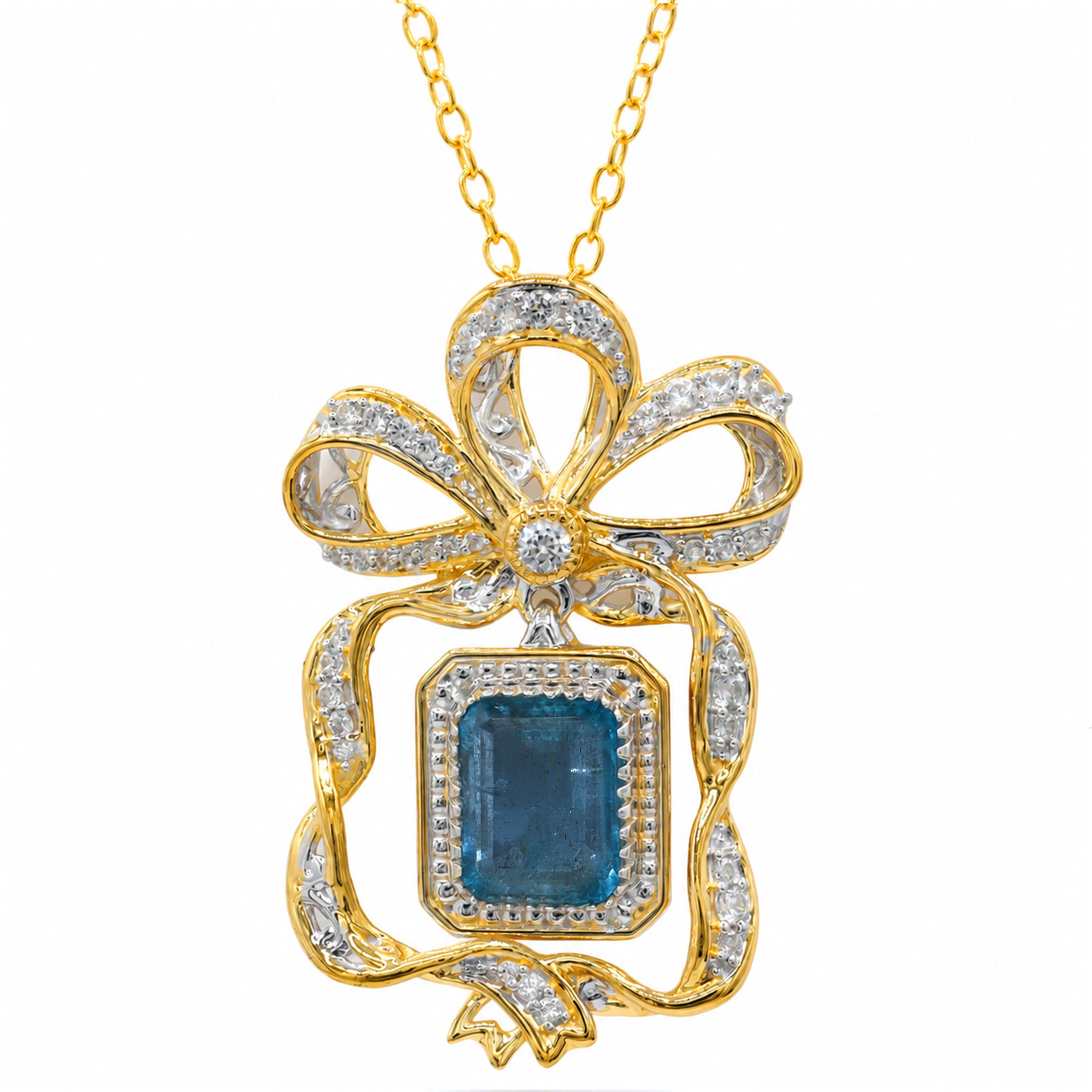 Gems en Vogue One-of-a-Kind 24K Palladium Silver 3.14ctw Tanzanian Aquamarine & White Zircon Bow Pendant