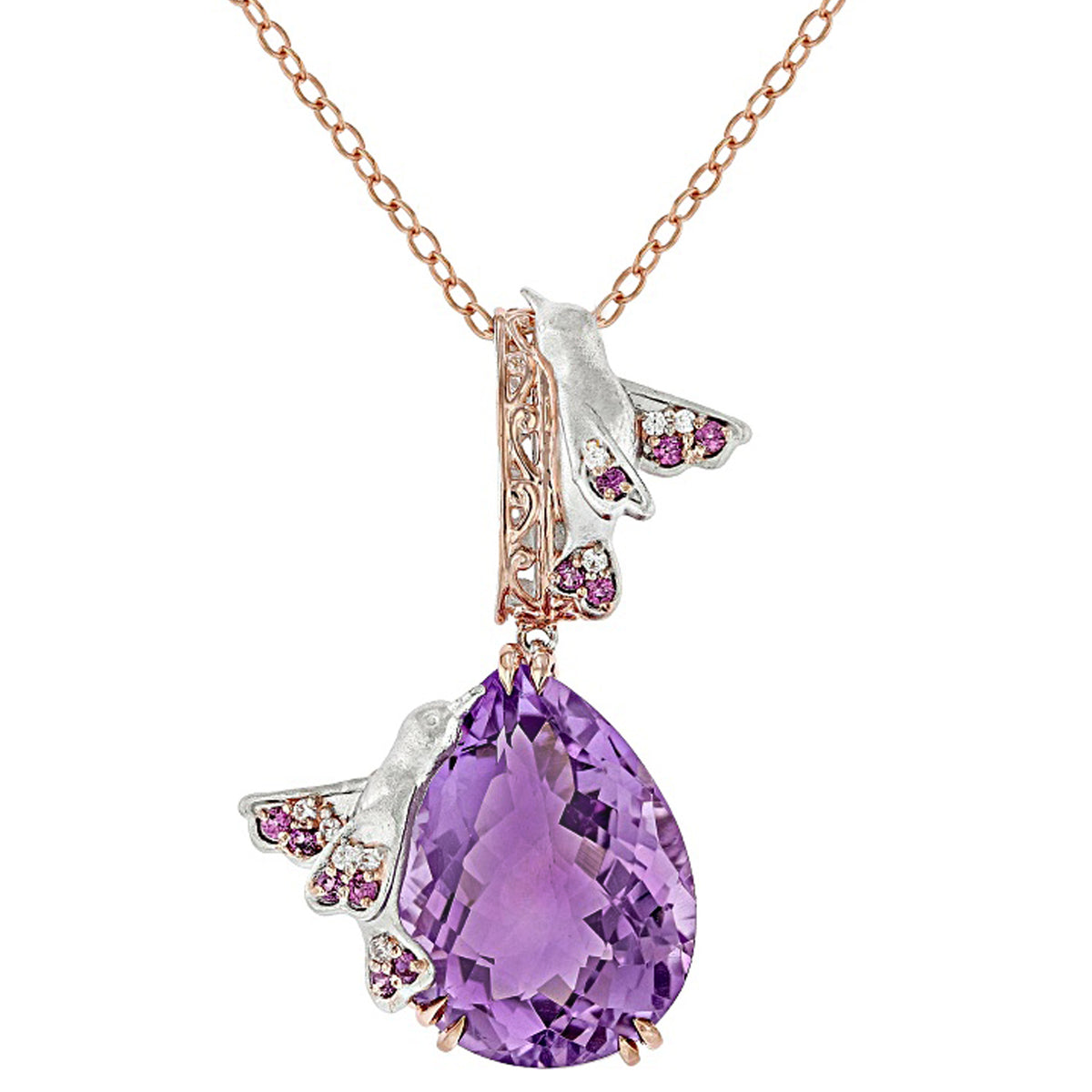 Gems en Vogue 18K Palladium Silver 17.71ctw Pink Amethyst & Rhodolite Garnet Bird Pendant
