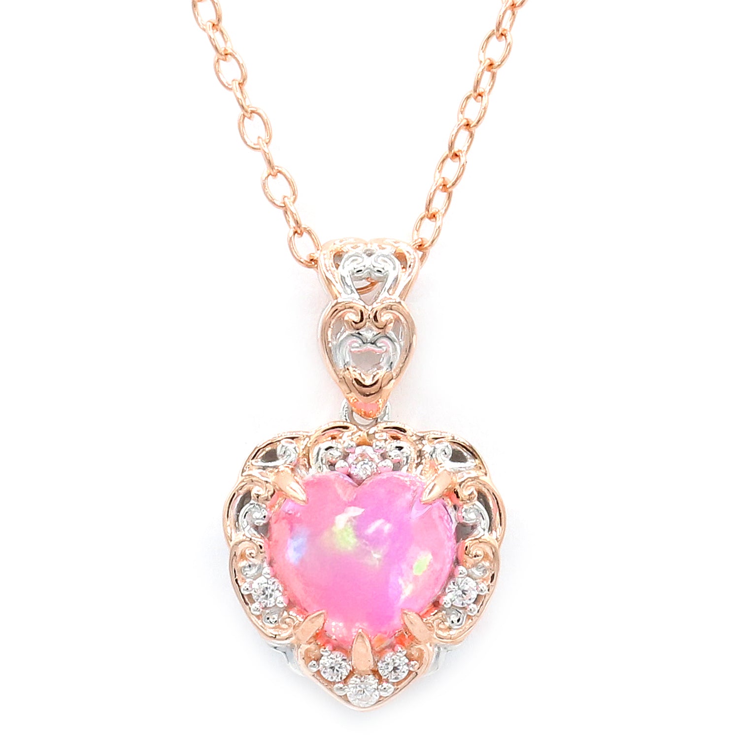 Gems en Vogue 18K Palladium Silver 1.55ctw Heart Shape Pink Ethiopian Opal & White Zircon Halo Pendant