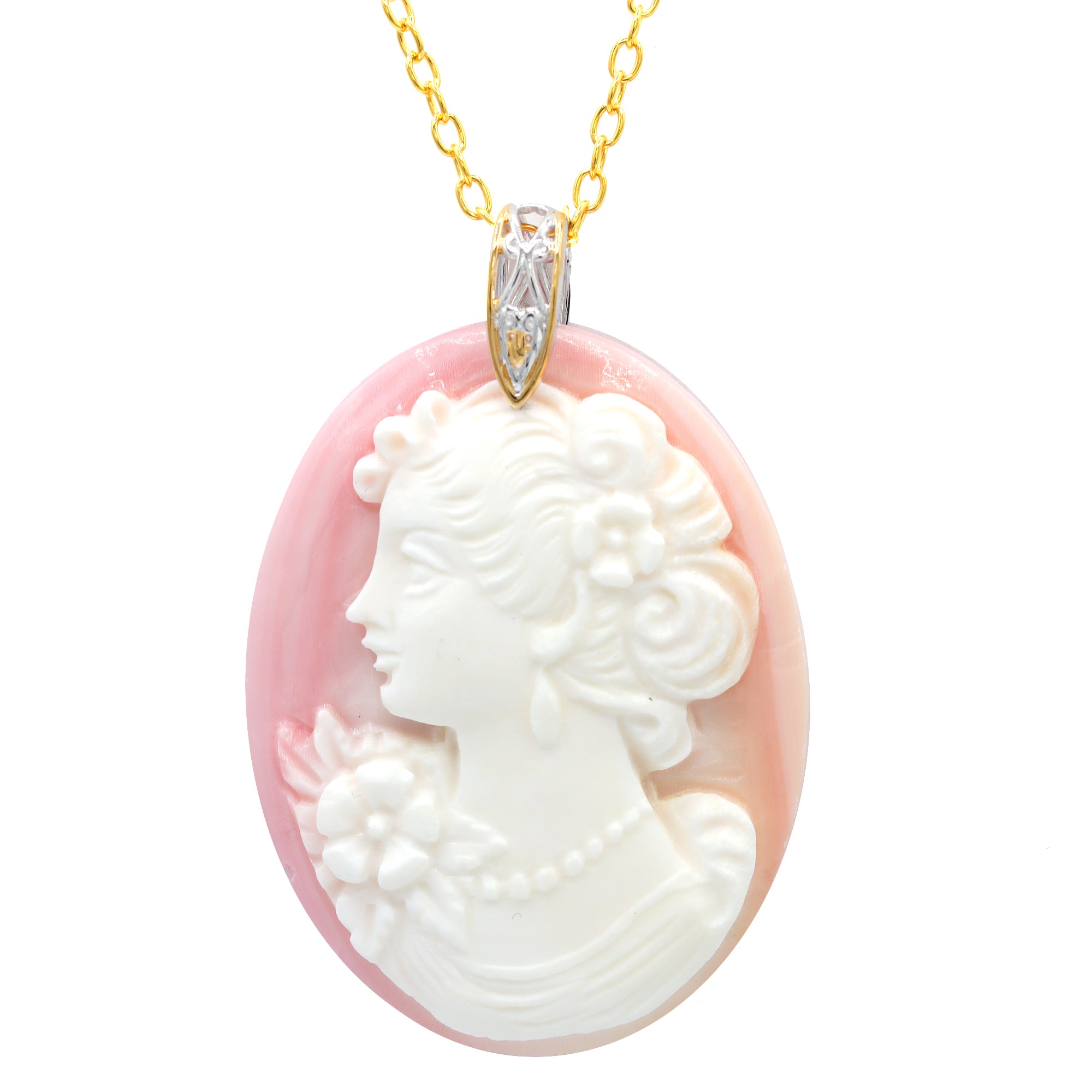 Gems en Vogue One-of-a-kind 24K Palladium Silver Carved Pink Shell Cameo Lady & Flower Pendant