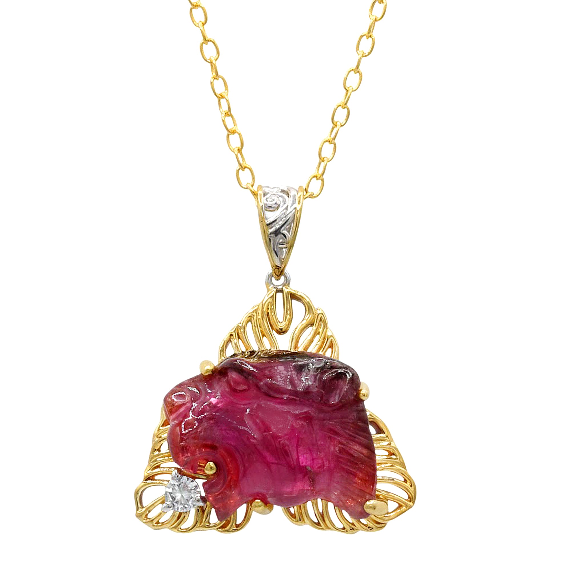 Couture Gems One-of-a-Kind 24K Palladium Silver Carved Panther Pink Tourmaline & White Zircon Pendant