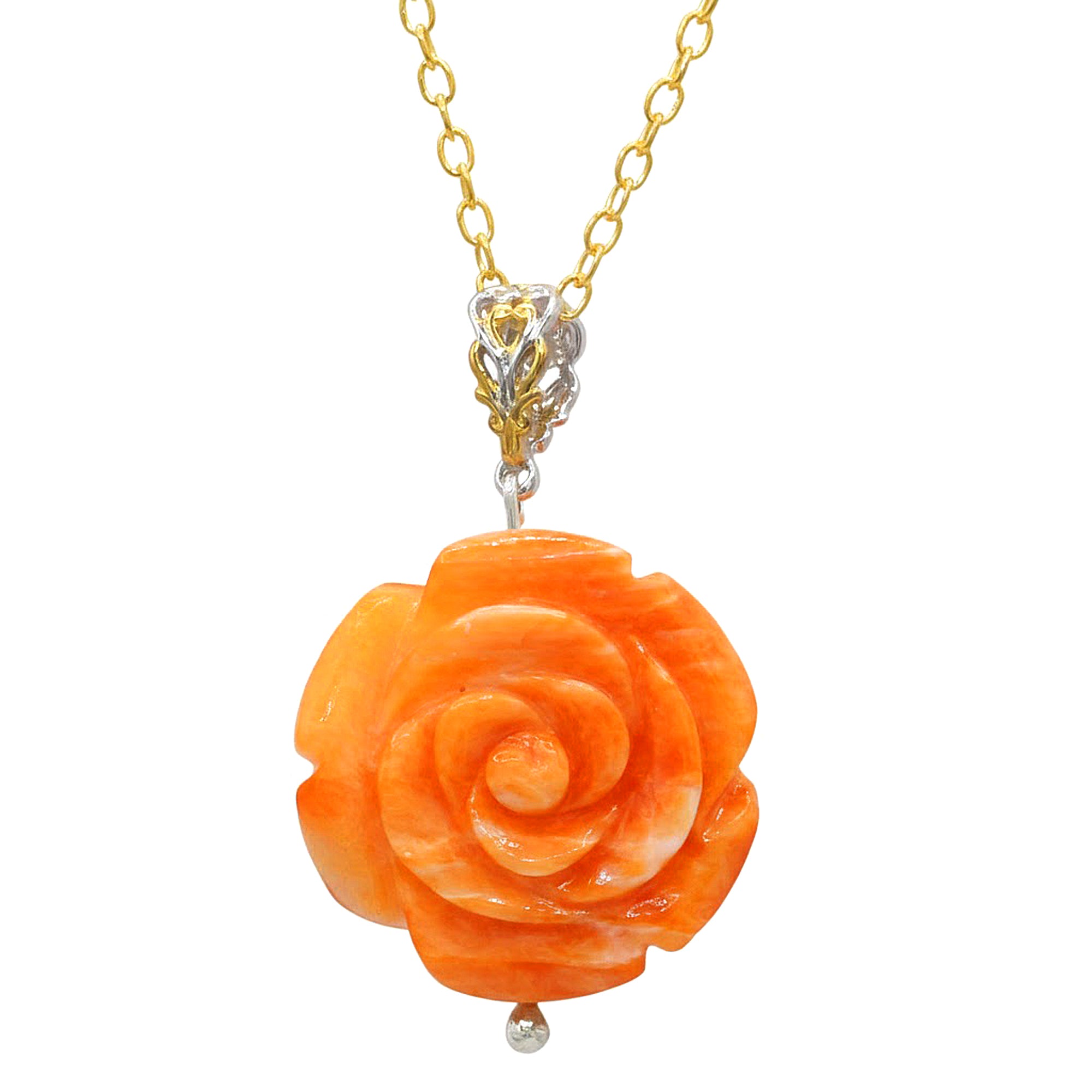 Gems en Vogue 24K Palladium Silver Orange Spiny Oyster Carved Flower Pendent