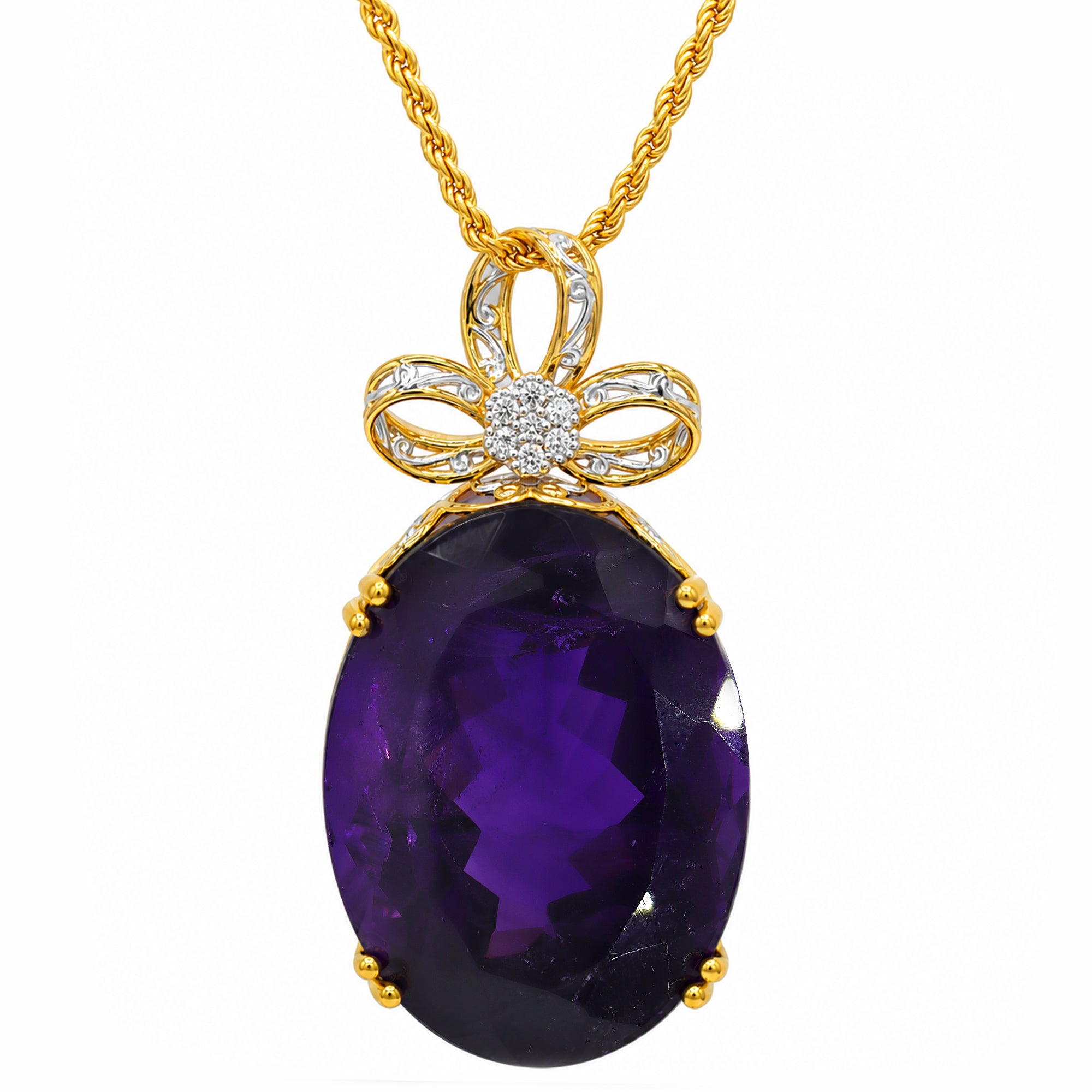 Couture Gems One-of-a-kind 24K Palladium Silver 91.62ctw Tanzanian Amethyst & White Zircon Bow Honker Pendant