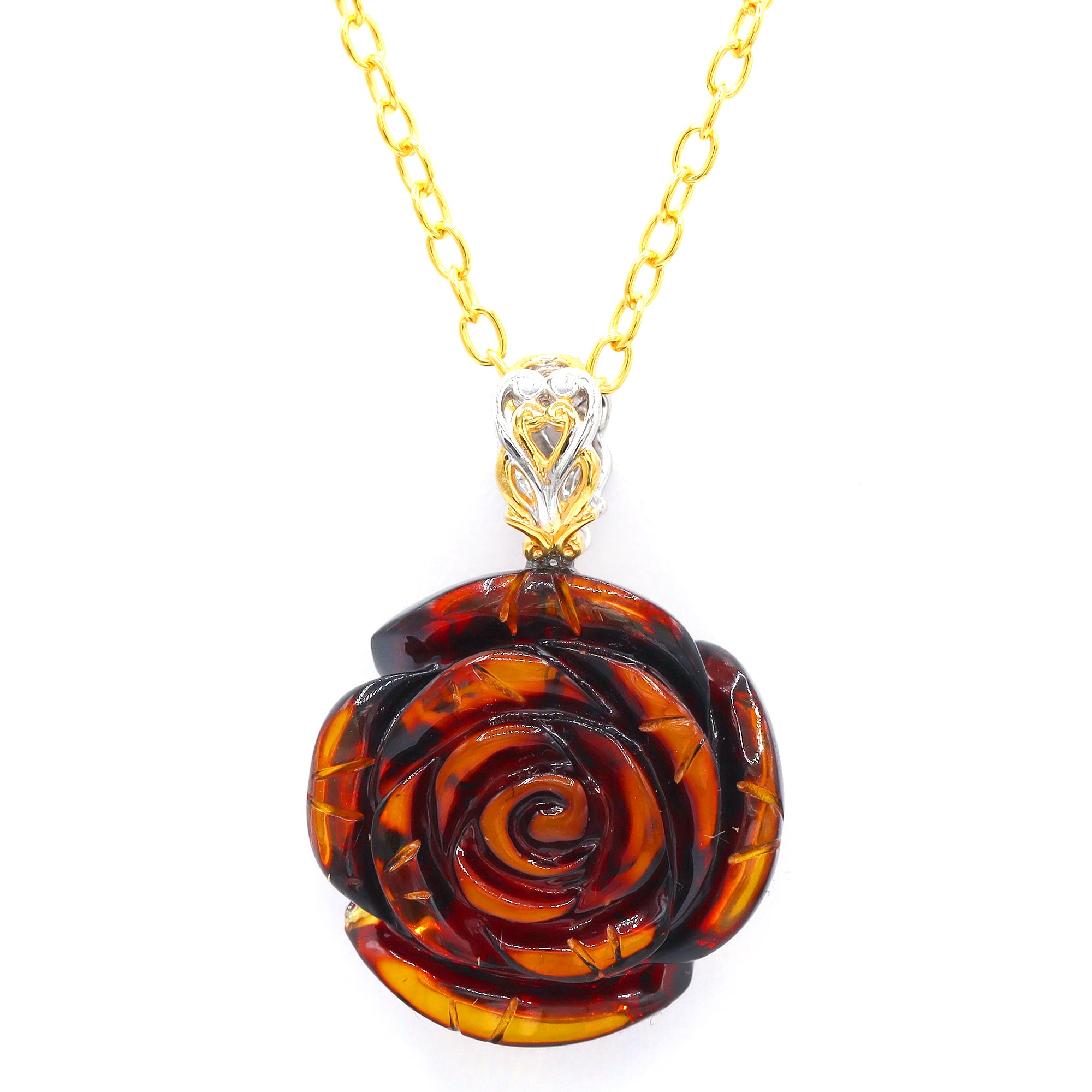 Gems en Vogue 24K Palladium Silver Carved Amber Blooming Rose Flower Pendant