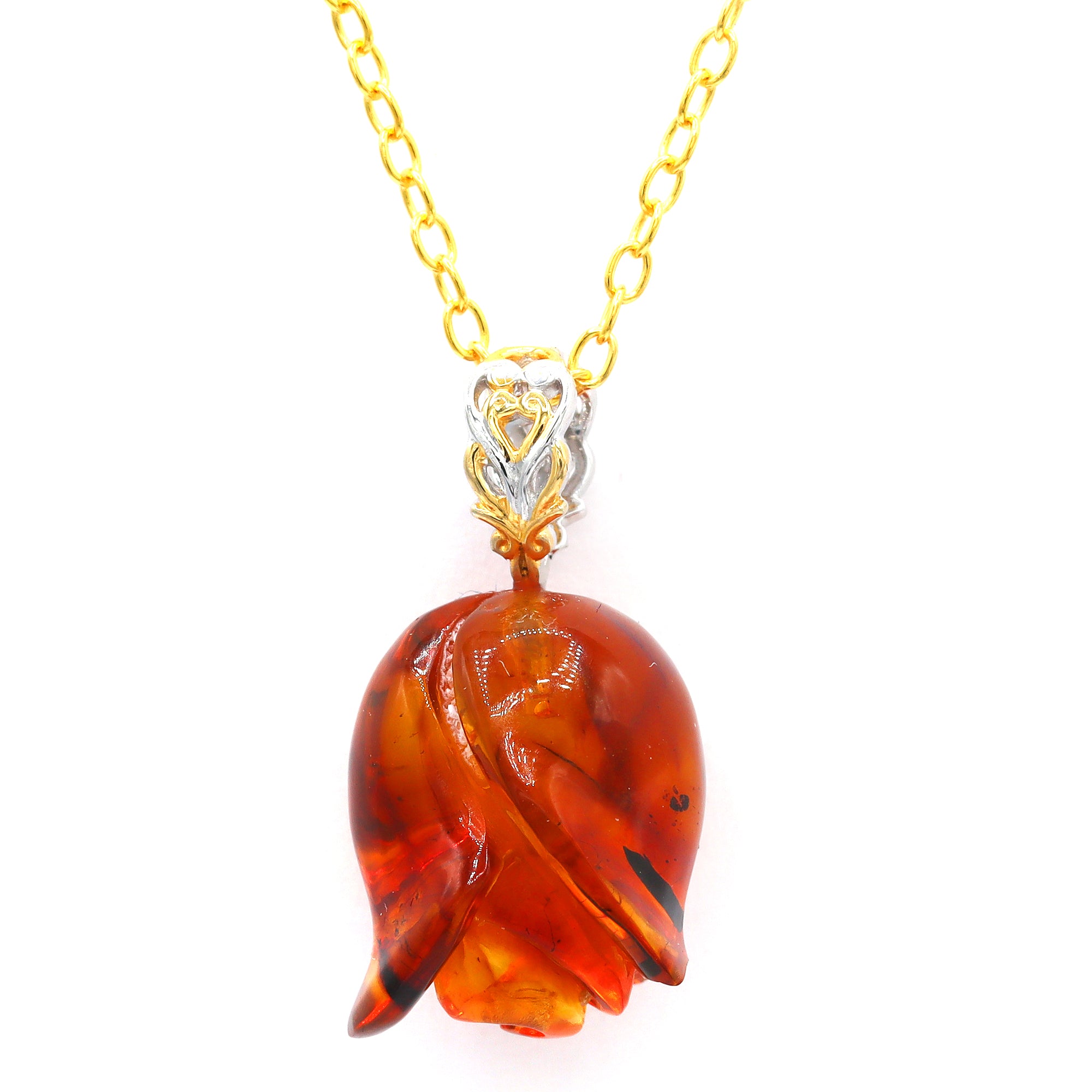 Gems en Vogue 24K Palladium Silver Carved Amber Tulip Flower Pendant