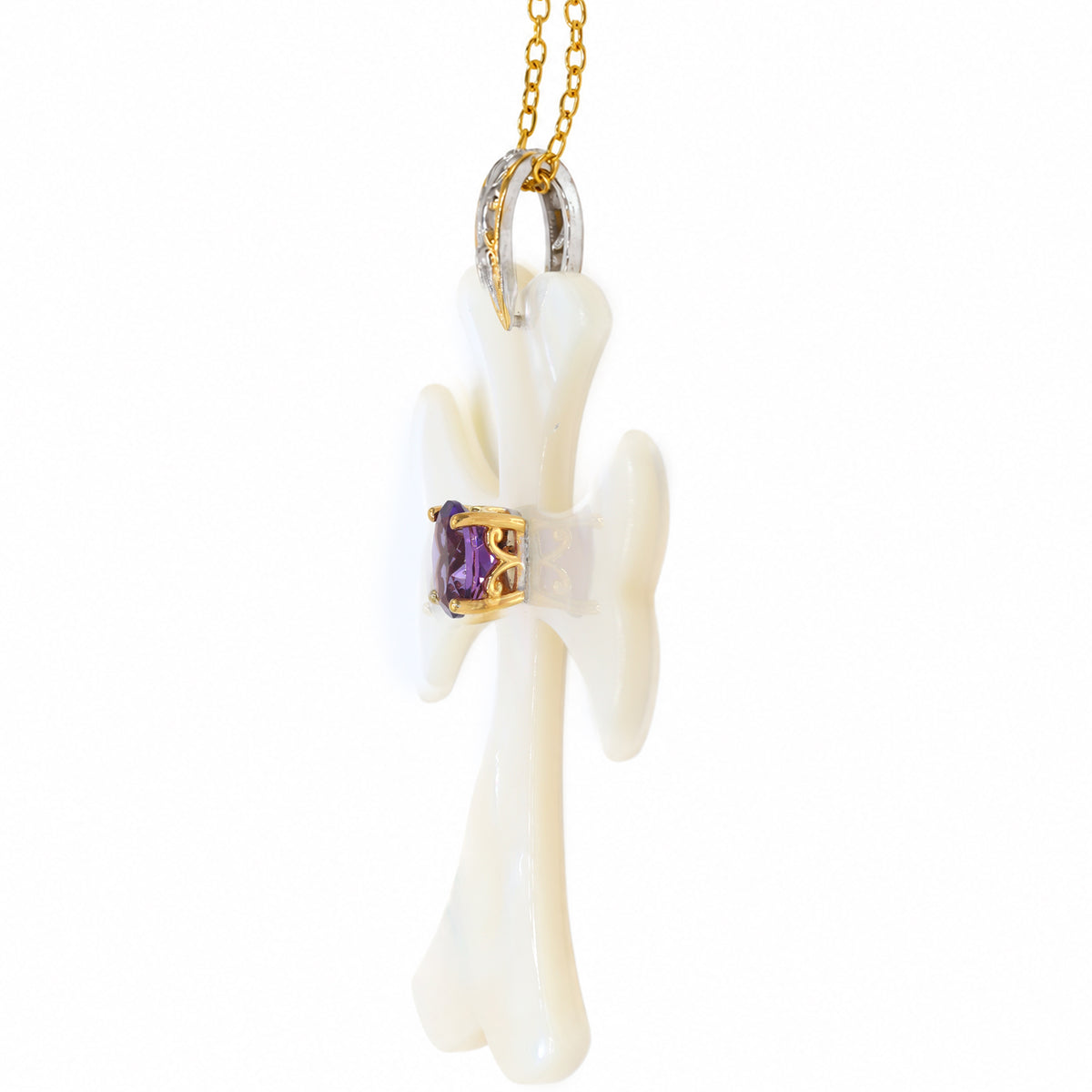 Pendentif Femme et Lune en Nacre, Aigue-marine et Zircon Blanc Gems en Vogue
