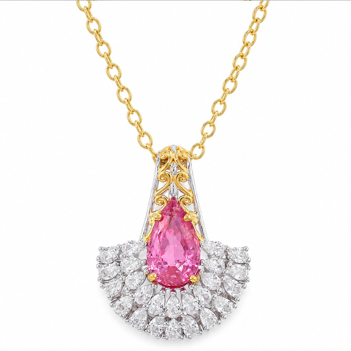 Couture Gems One-of-a-Kind 24K Palladium Silver 4.26ctw Lotus Pink Sapphire & White Zircon Fan Pendant