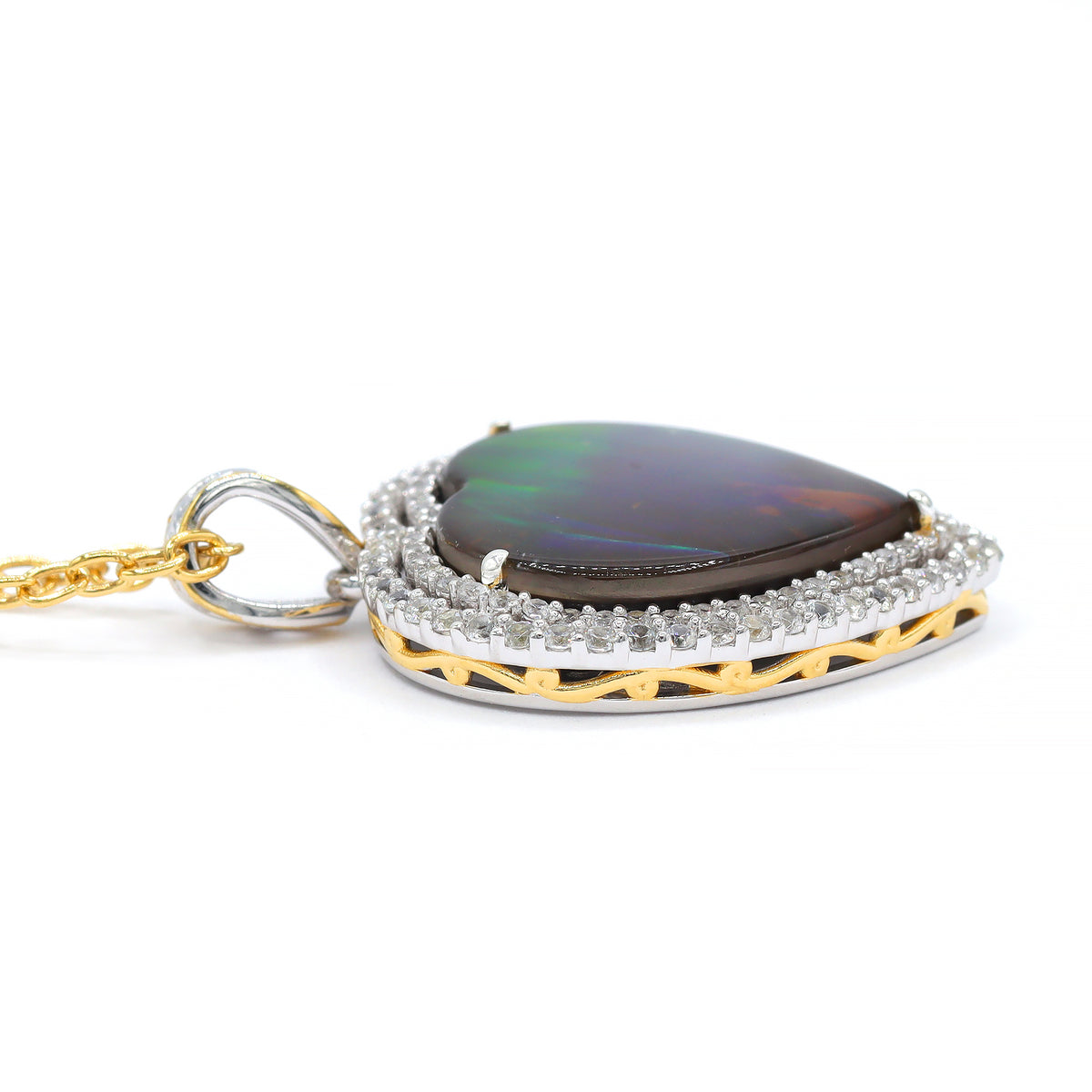 Couture Gems One-of-a-Kind 24K Palladium Silver Heart Shape Ammolite & White Zircon Double Halo Pendant
