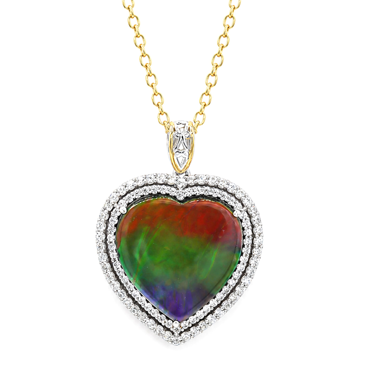 Couture Gems One-of-a-Kind 24K Palladium Silver Heart Shape Ammolite & White Zircon Double Halo Pendant