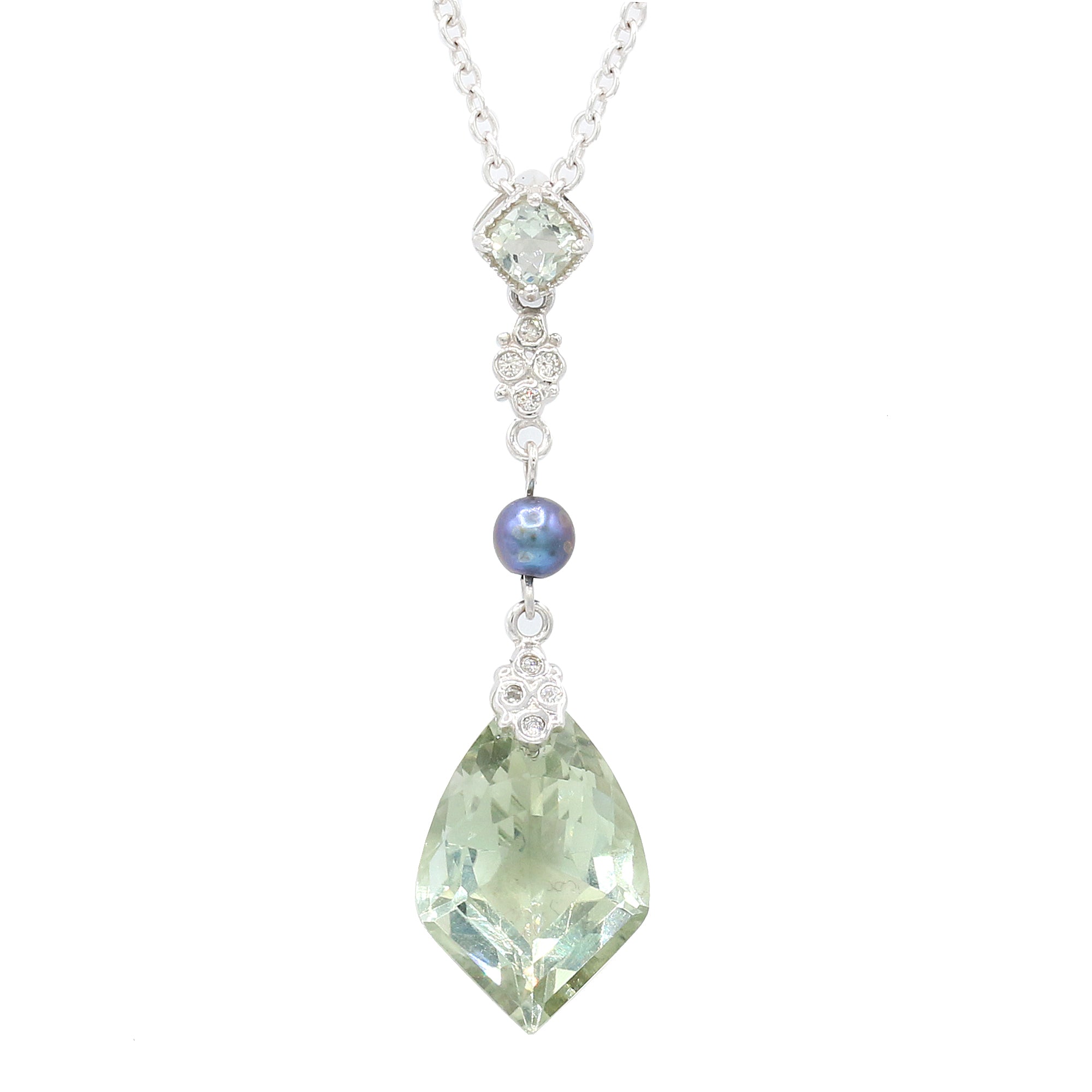 Golden Jewel 14K White Gold 8.22ctw Prasiolite, Pearl & Diamond Pendant