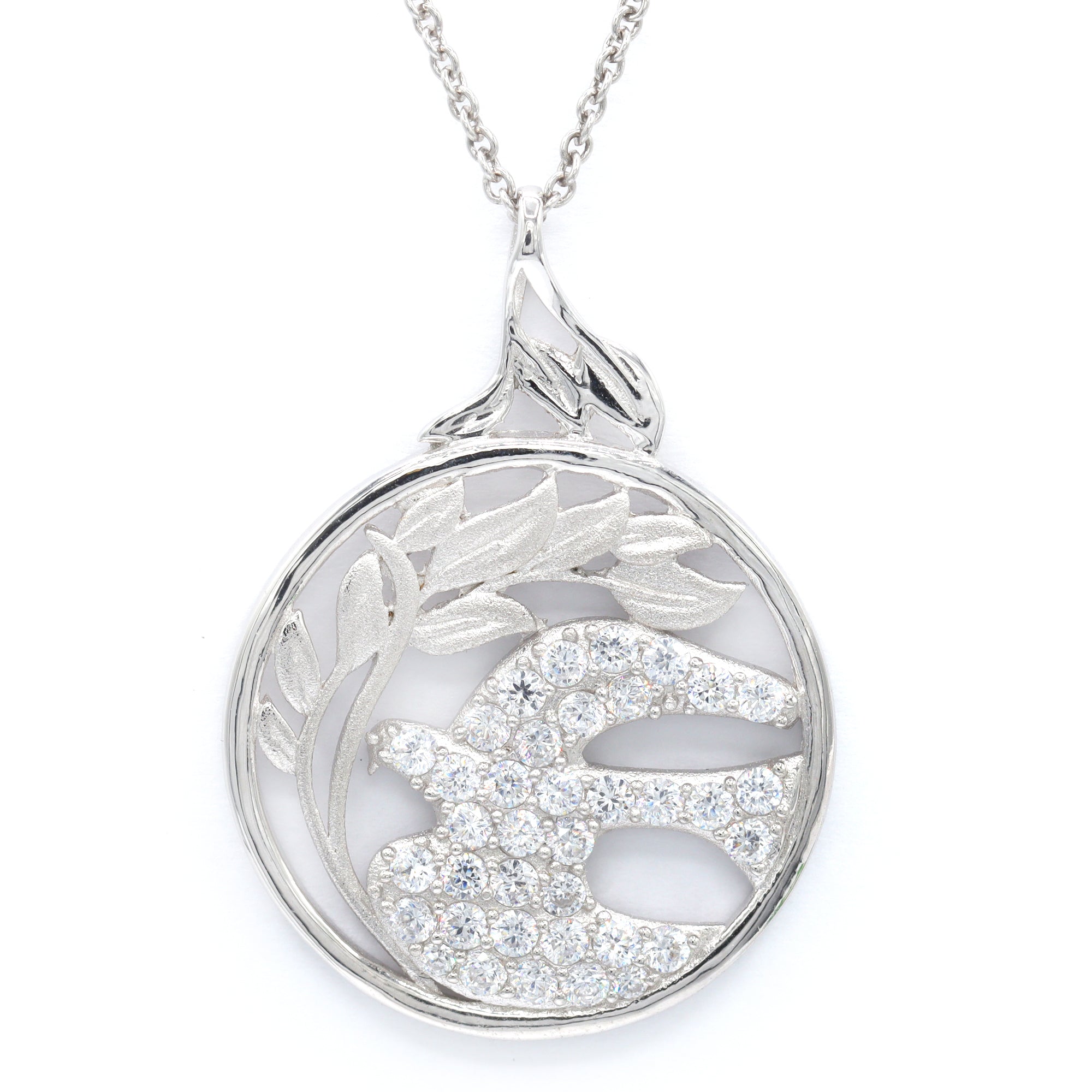 Signity Sterling Silver Cubic Zirconia Dove & Olive Branch Circular Pendant CHAIN NOT INCLUDED