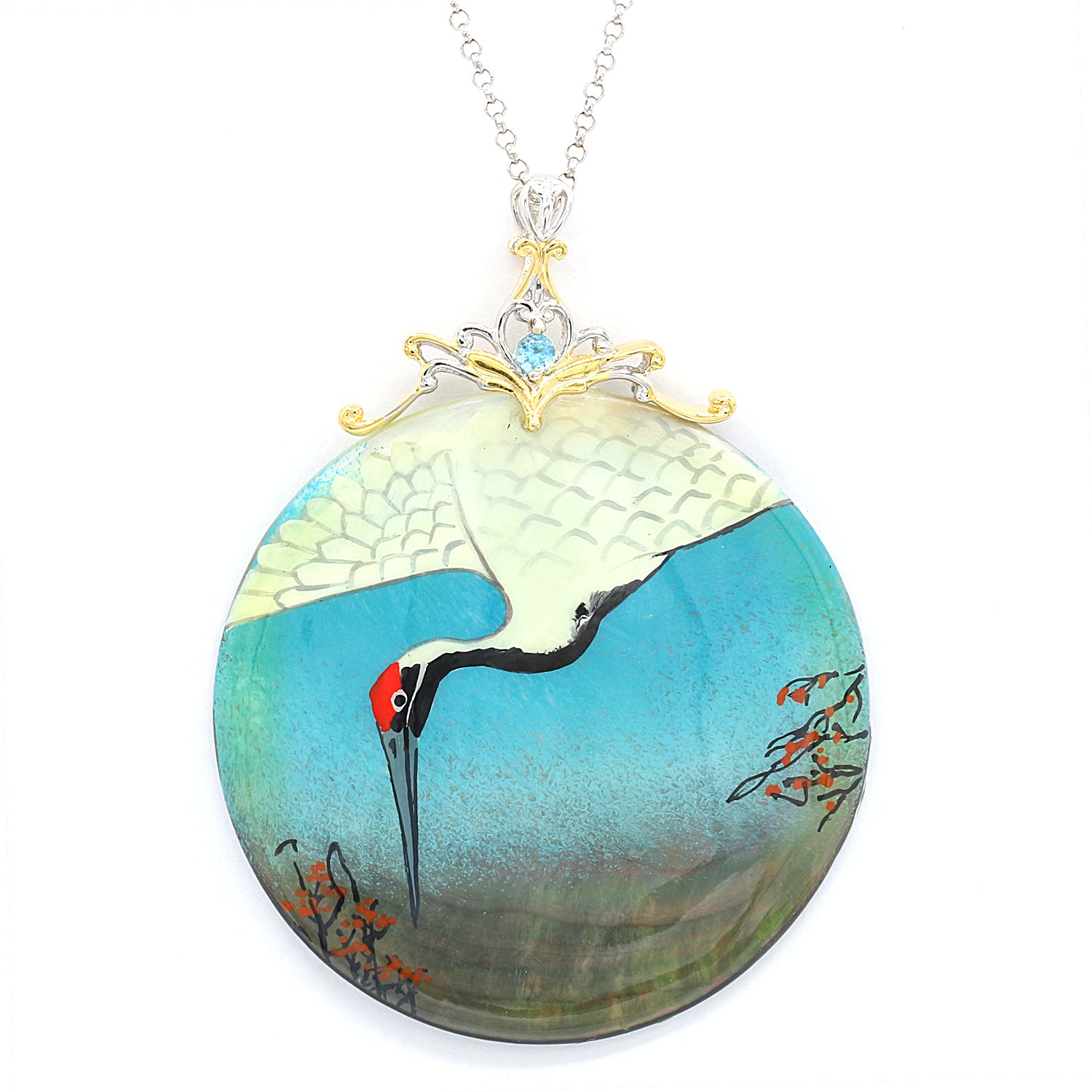 Gems en Vogue Hand Painted Shell & Choice of Gemstone Red Crown Crane Pendant