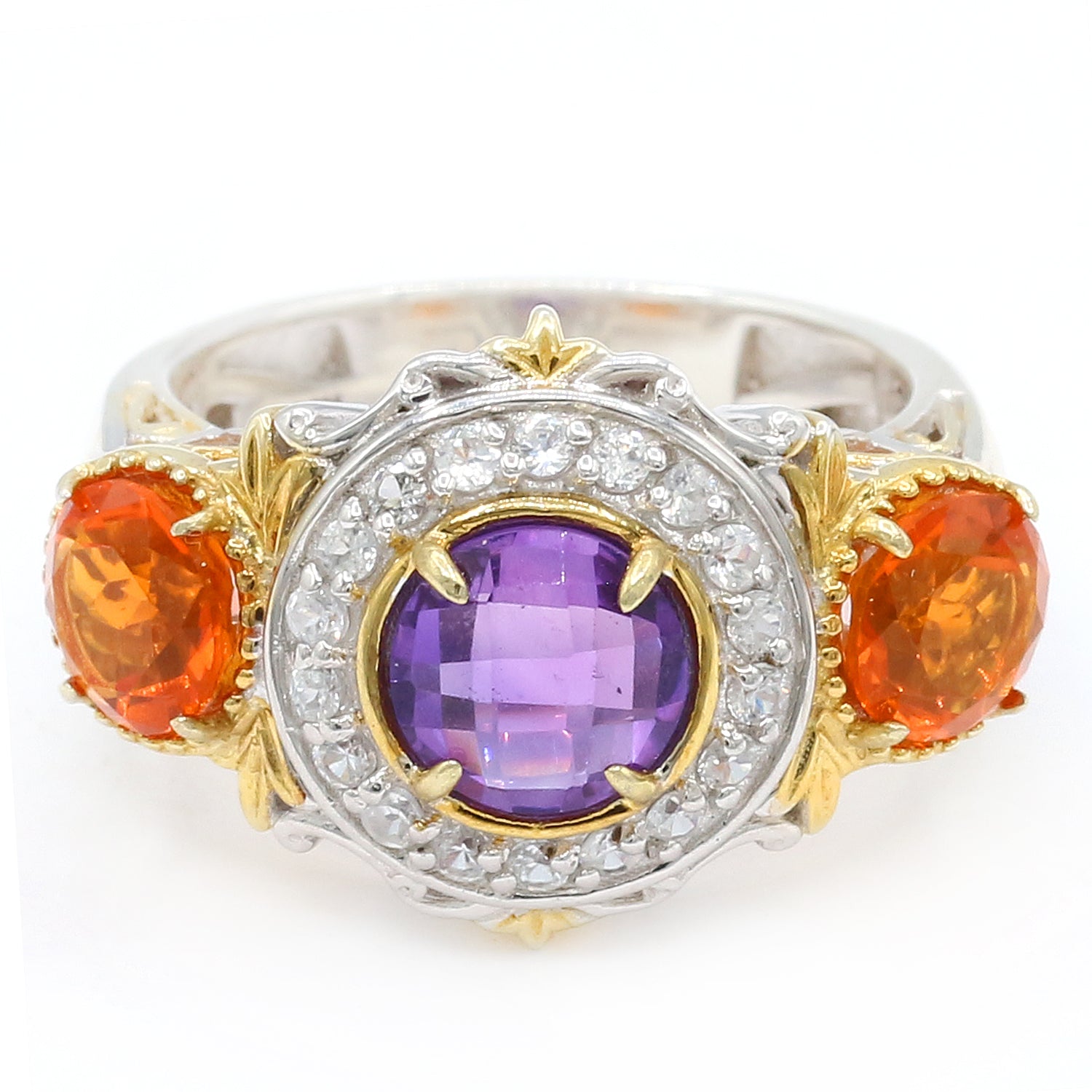 Gems en Vogue 2.51ctw Rose Cut Amethyst, Fire Opal & White Zircon Ring