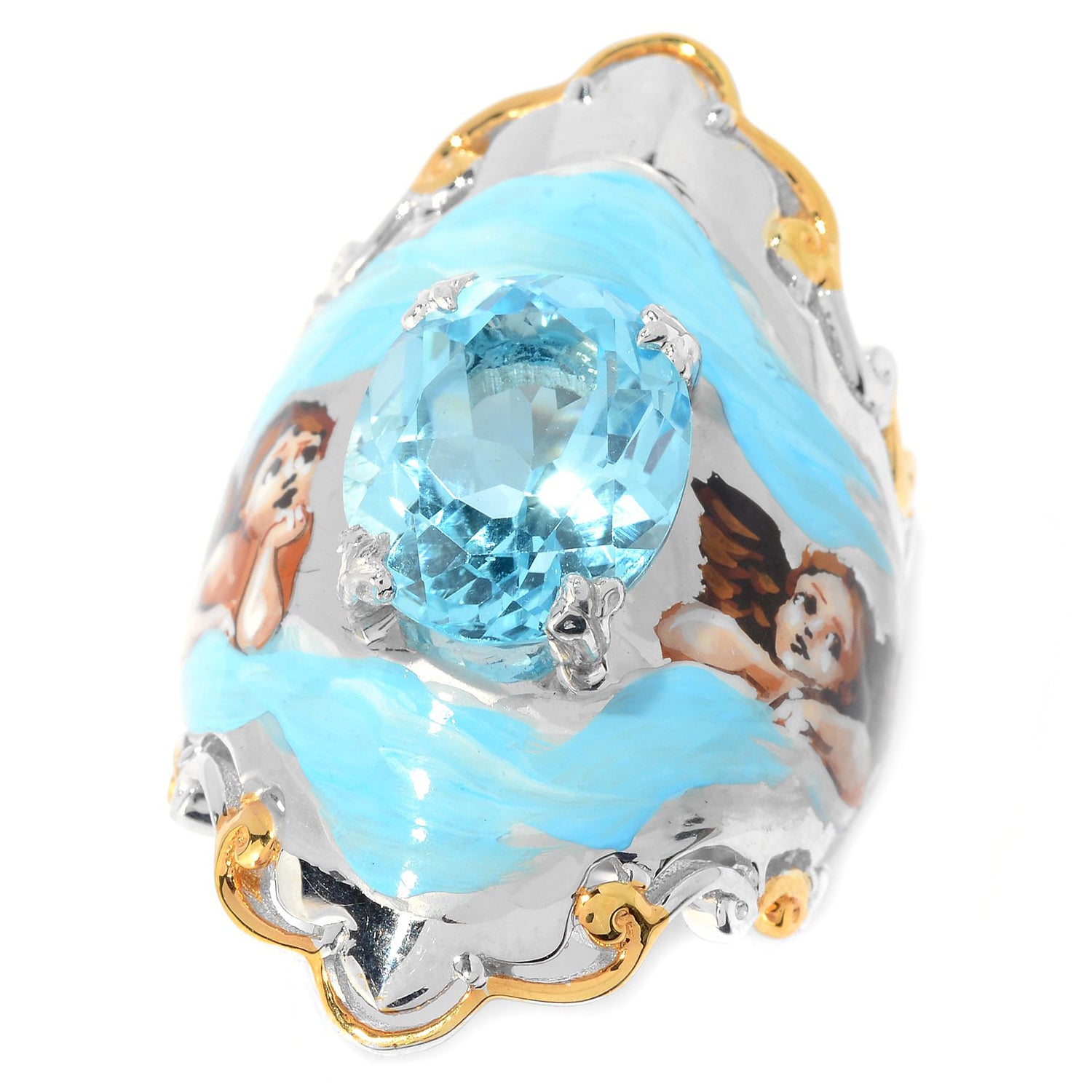 Gems en Vogue 6.00ctw Blue Topaz Choice of Painted Angel or Flower Ring CANNOT BE RESIZED