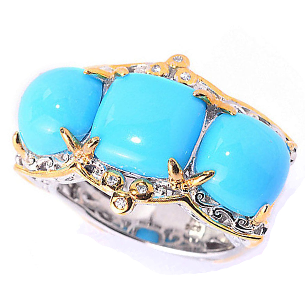 Gems en Vogue Sleeping Beauty Turquoise & White Zircon Three Stone Ring